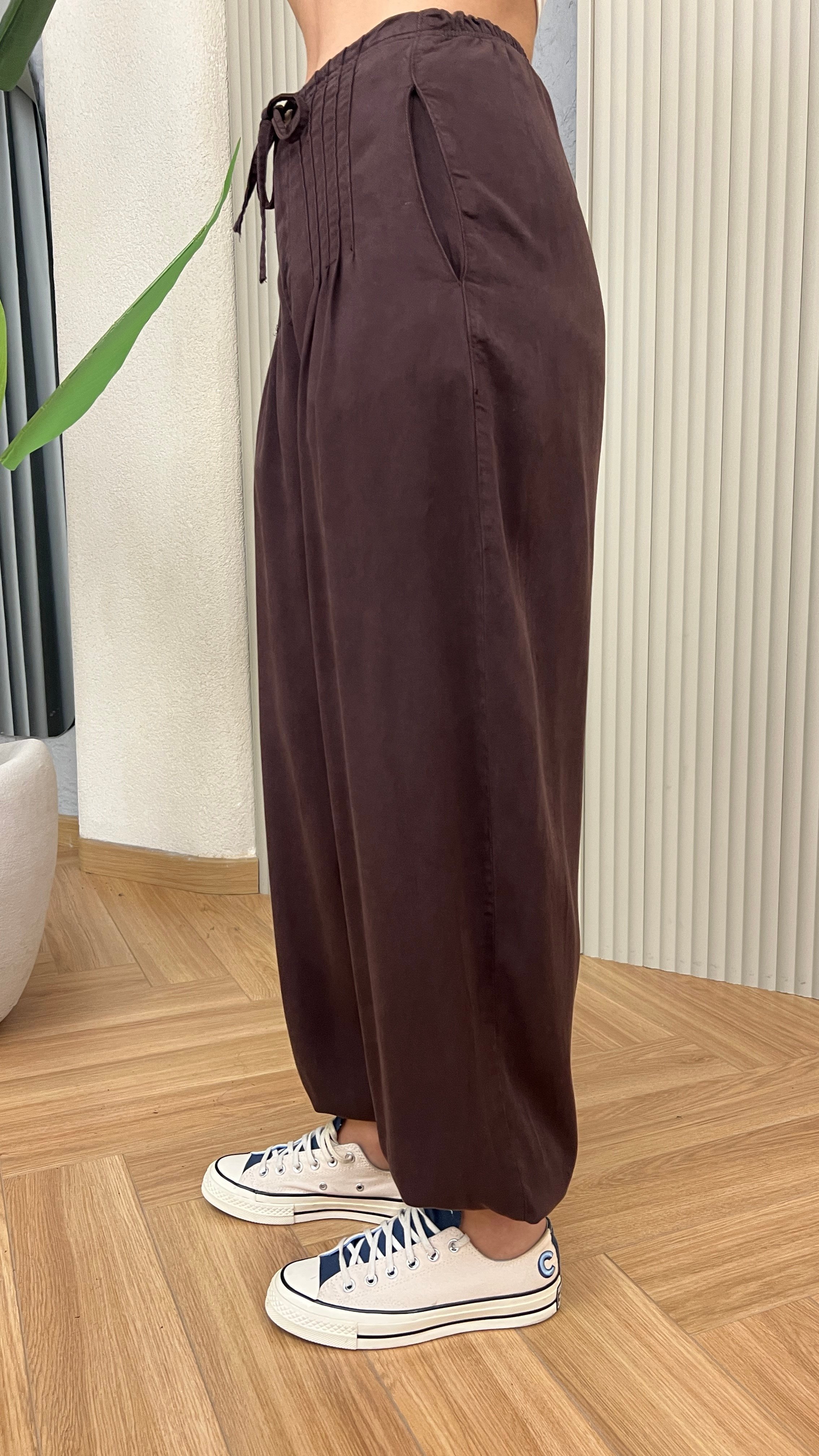 Kahve Tecla Pile Detaylı Şalvar Pantolon