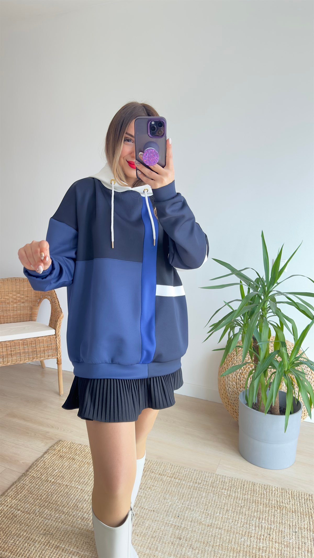 Renk Bloklu Lacivert Scuba Sweat