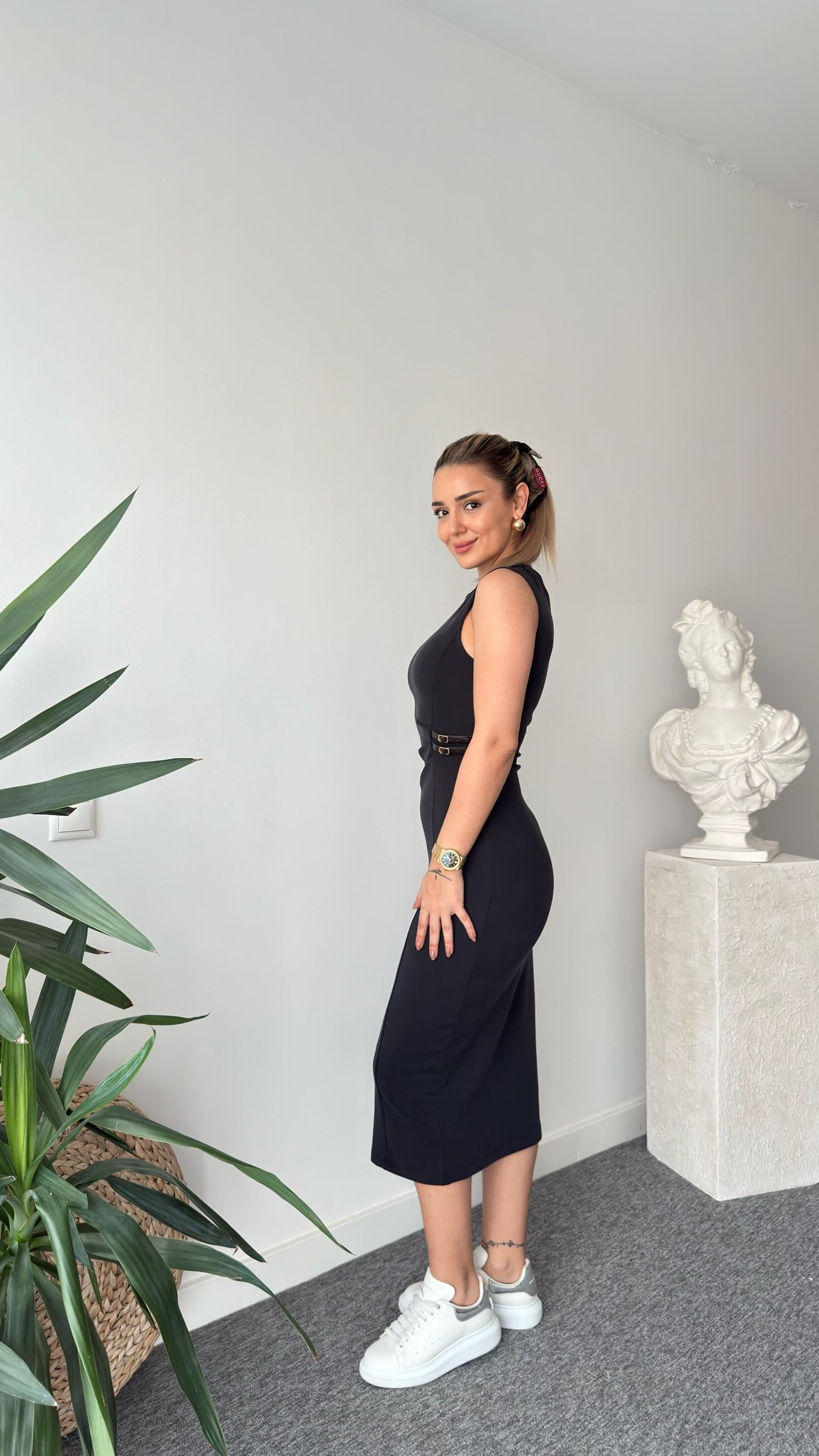 Antrasit Kemer Toka Detaylı Modal Elbise 