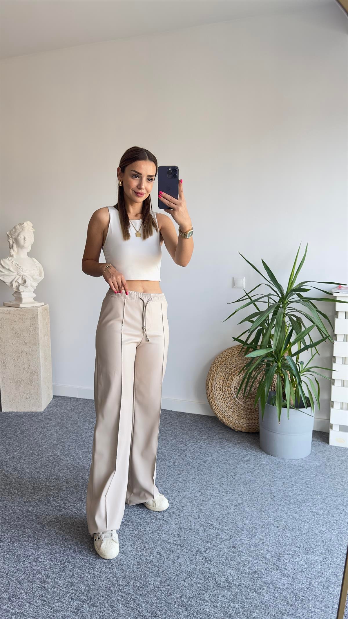 Dikiş Detay Zra Model Bej Deri Pantolon