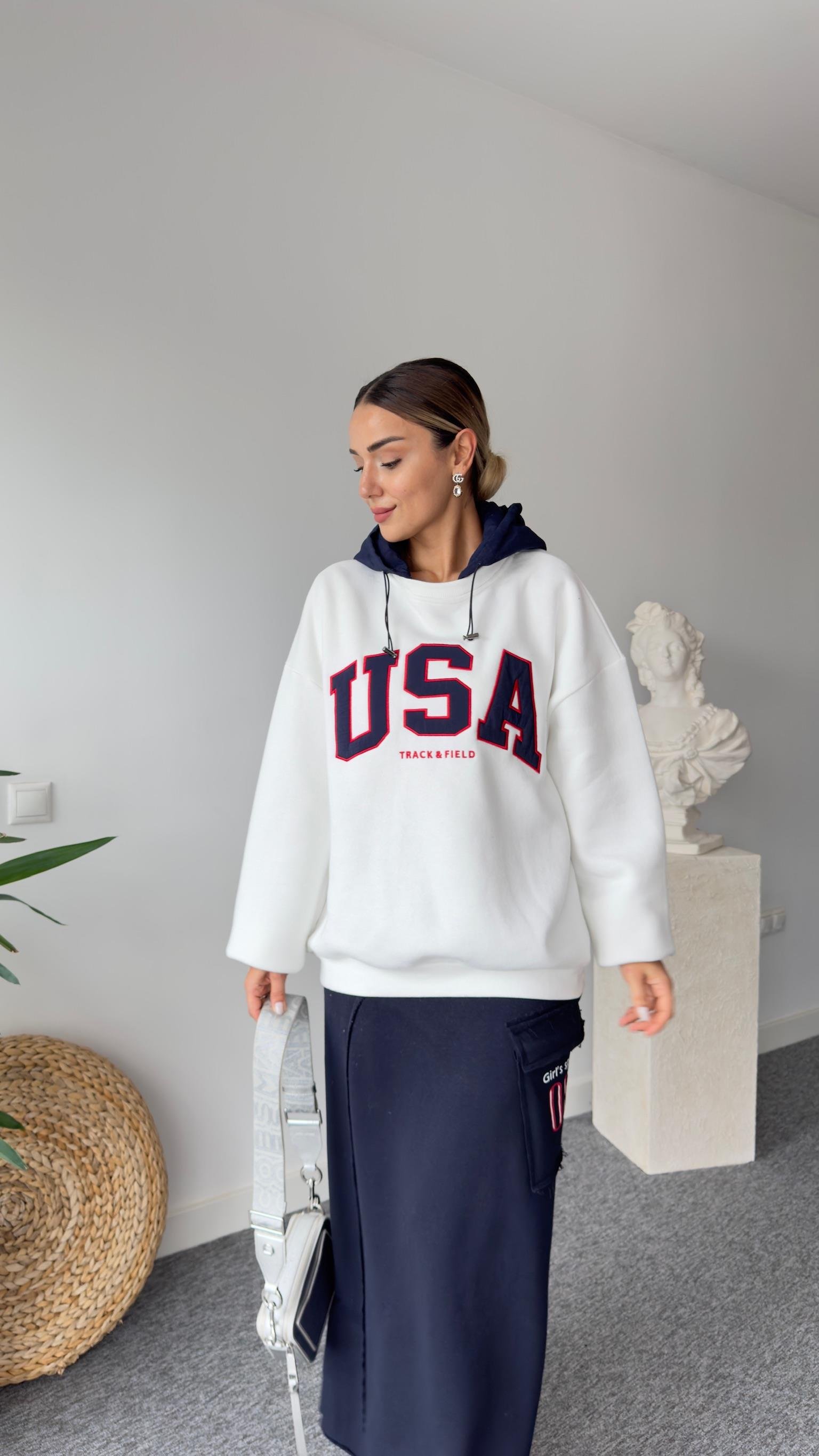 Paraşüt Kapüşon Detaylı Beyaz Sweat