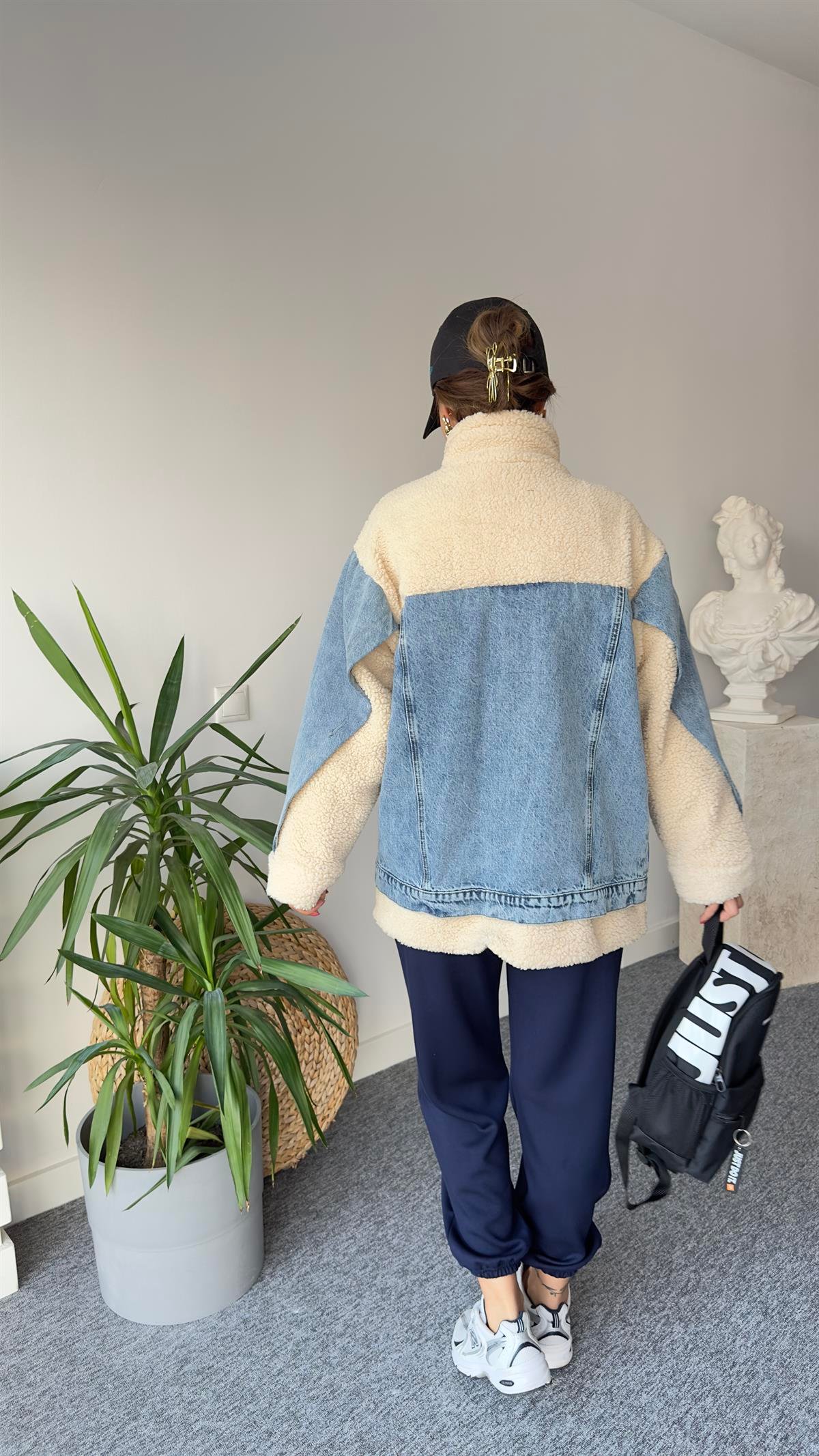 Denim Mix Turuncu Detay Peluş Mont