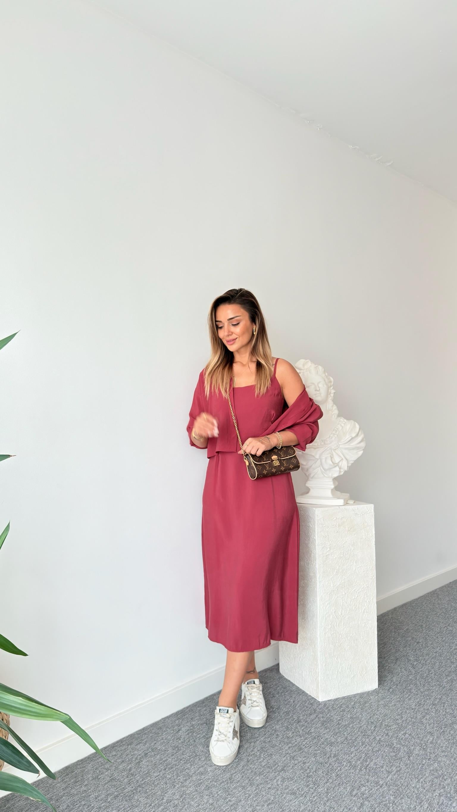 Bordo Gömlek Elbise Takım