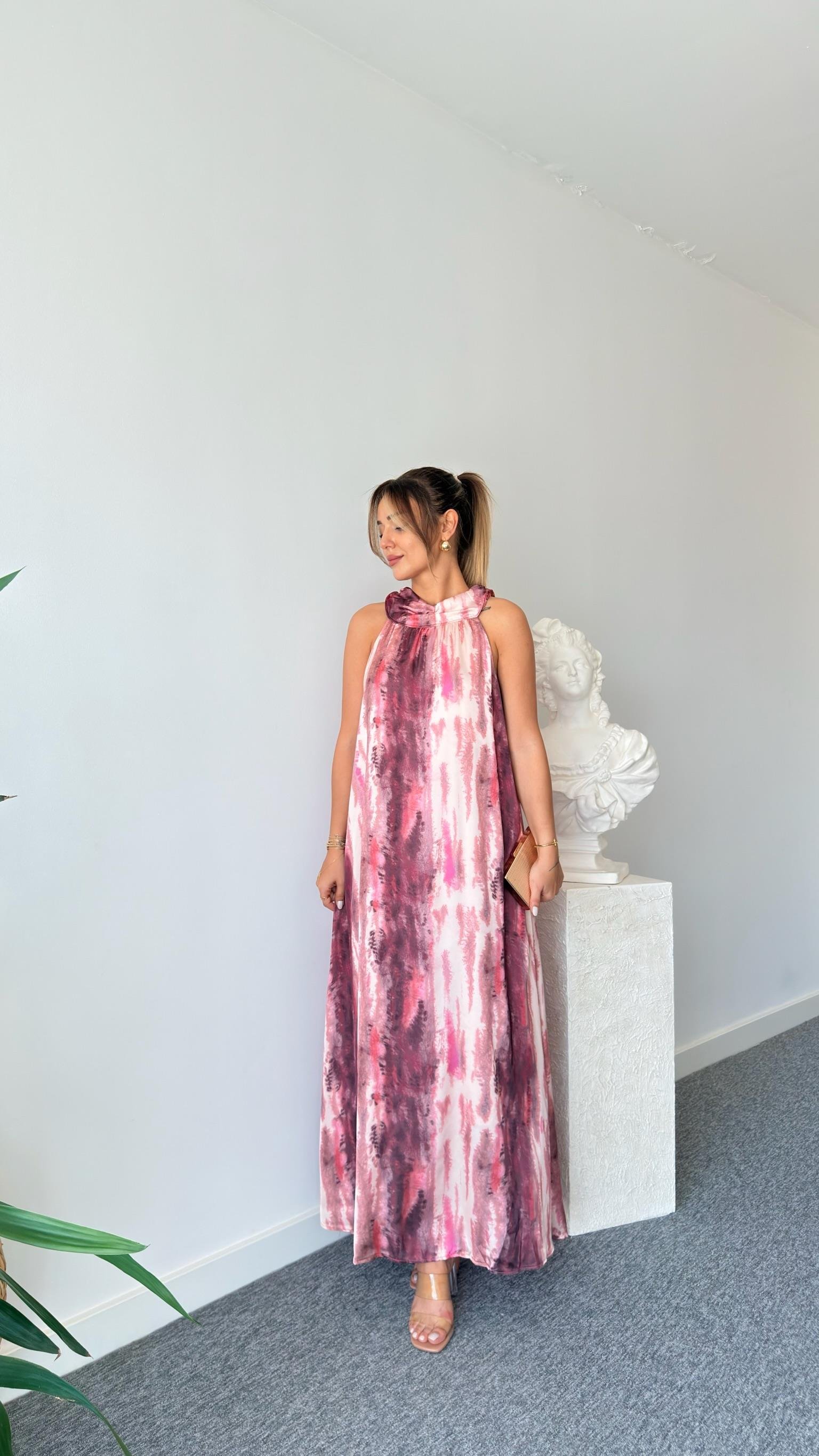 Pembe Massi Batik Desenli Halter Yaka Elbise 