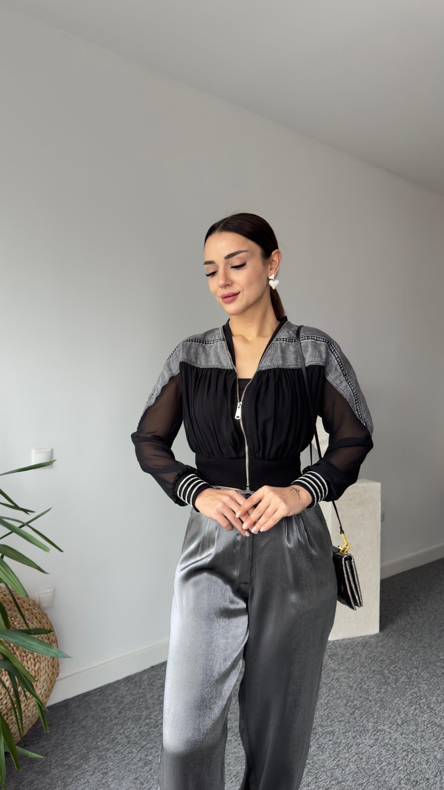 Gri Kot Detaylı Tasarım Tül Ceket