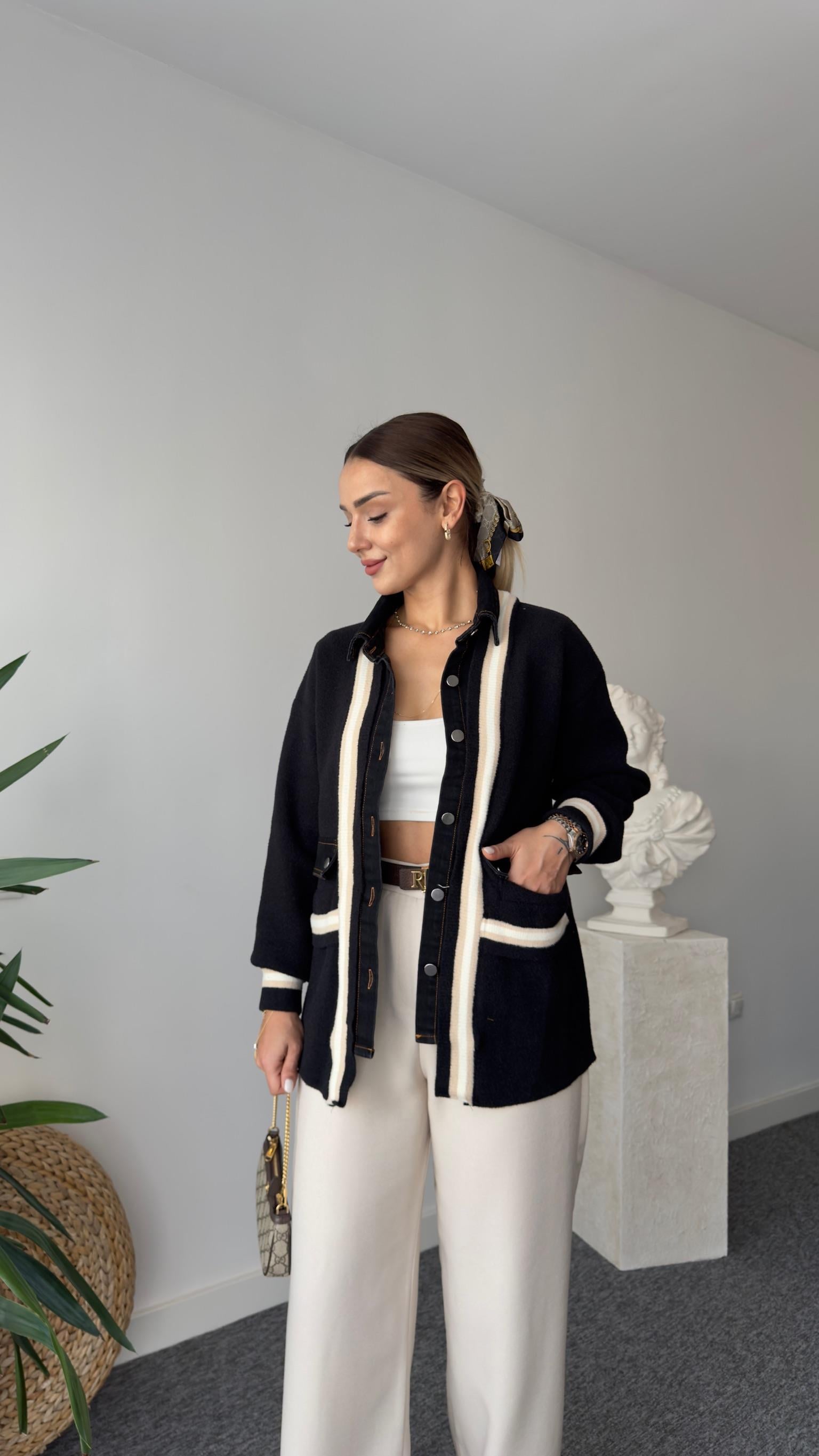 Bej Şeritli Kot Detaylı Premıum Hırka