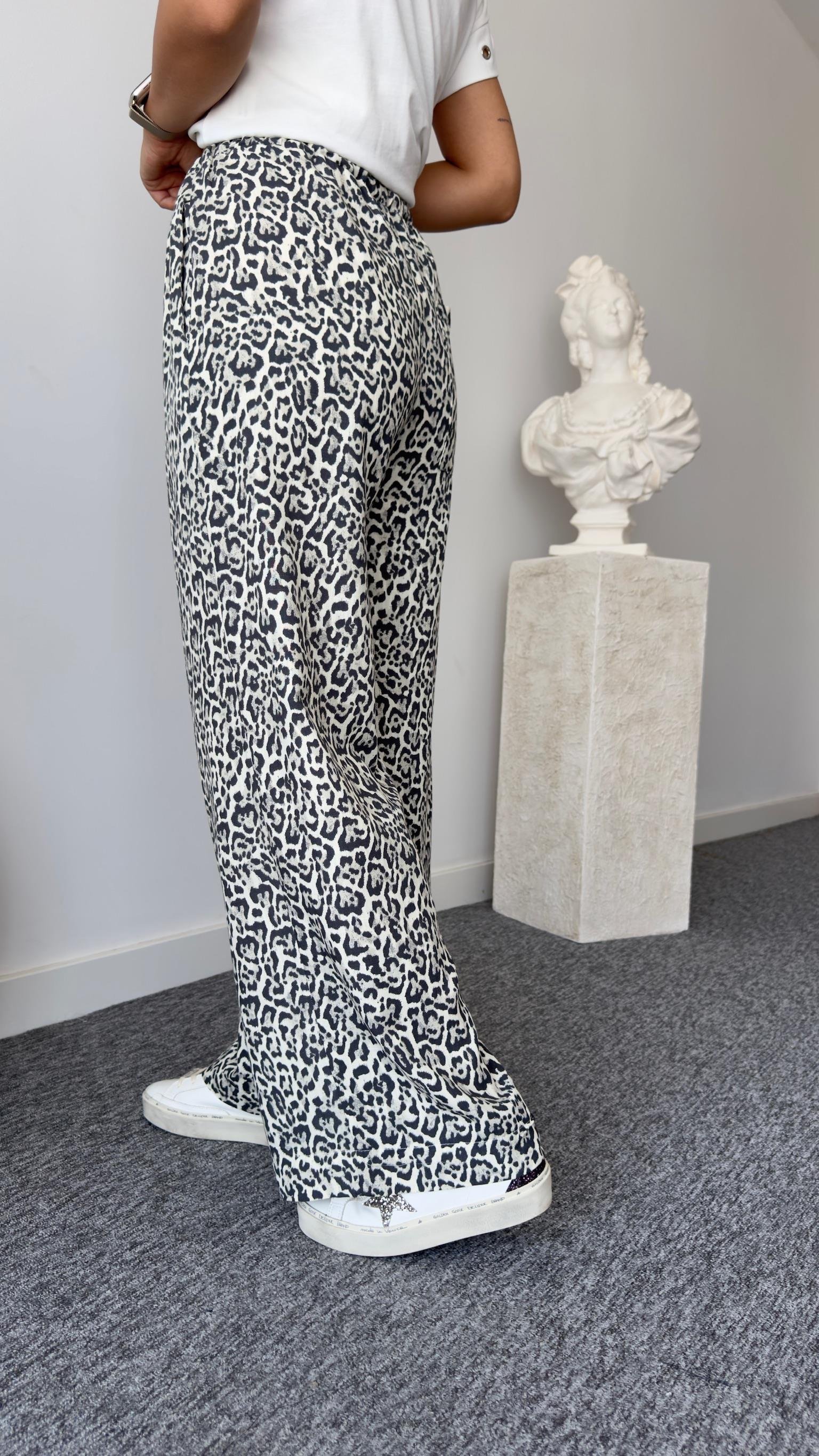 Bel Lastikli Keten Leopar Desen Pantolon