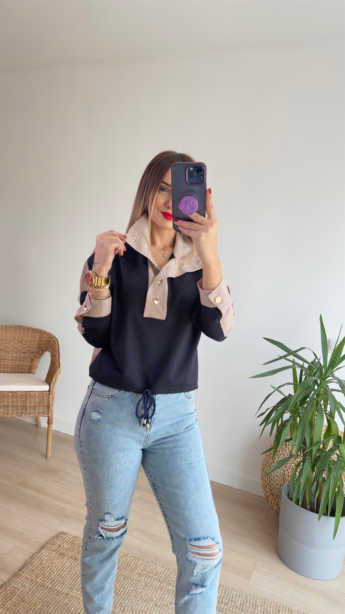 Sırtı Poplin Düğmeli Sweatshirt
