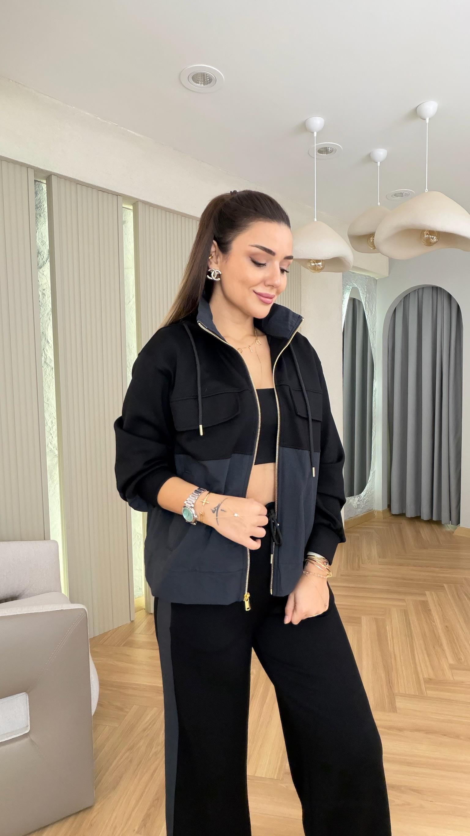 Siyah Lofen Paraşüt Garnili Kapüşonlu Modal Takım