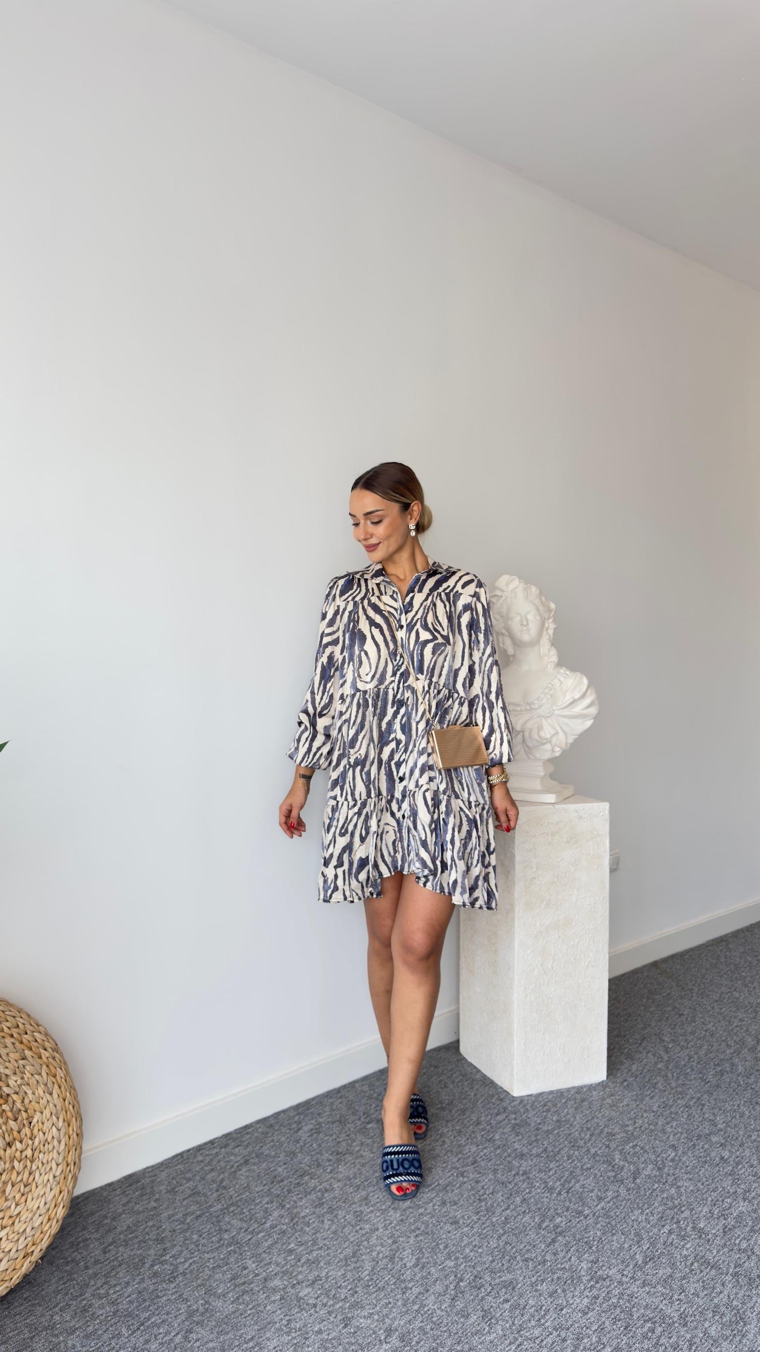 Maris Düğmeli Zebra Desenli Elbise 