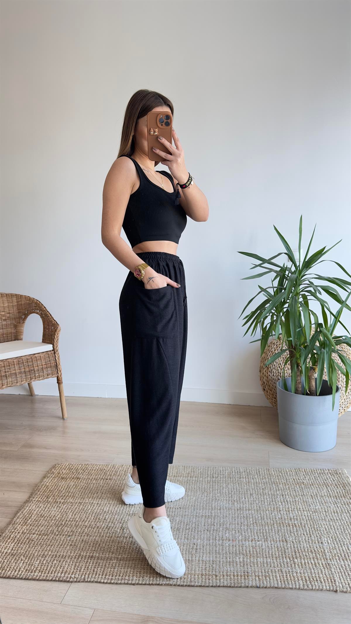 Yandan Cepli Siyah Şalvar Pantolon