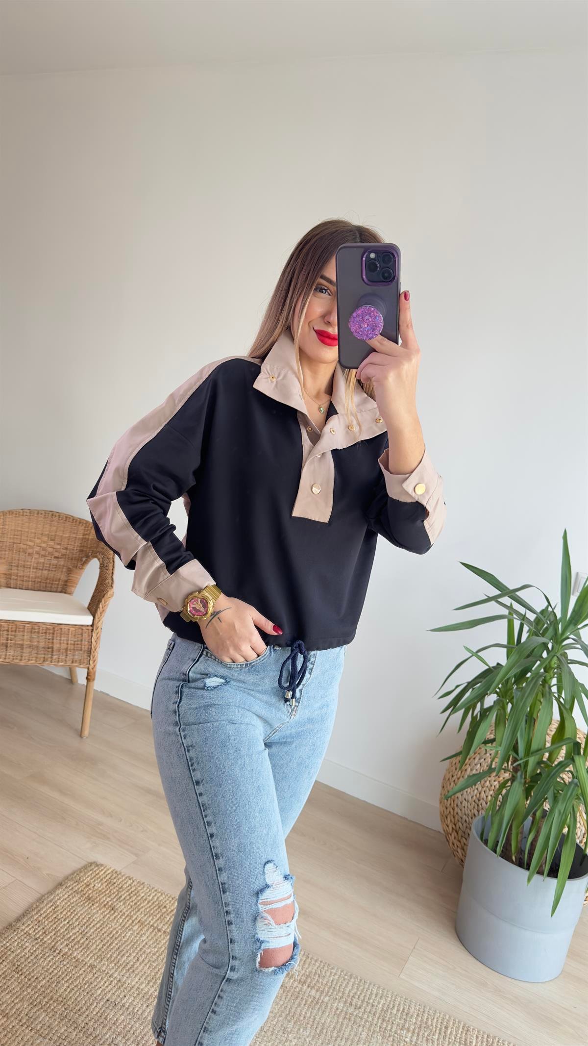 Sırtı Poplin Düğmeli Sweatshirt