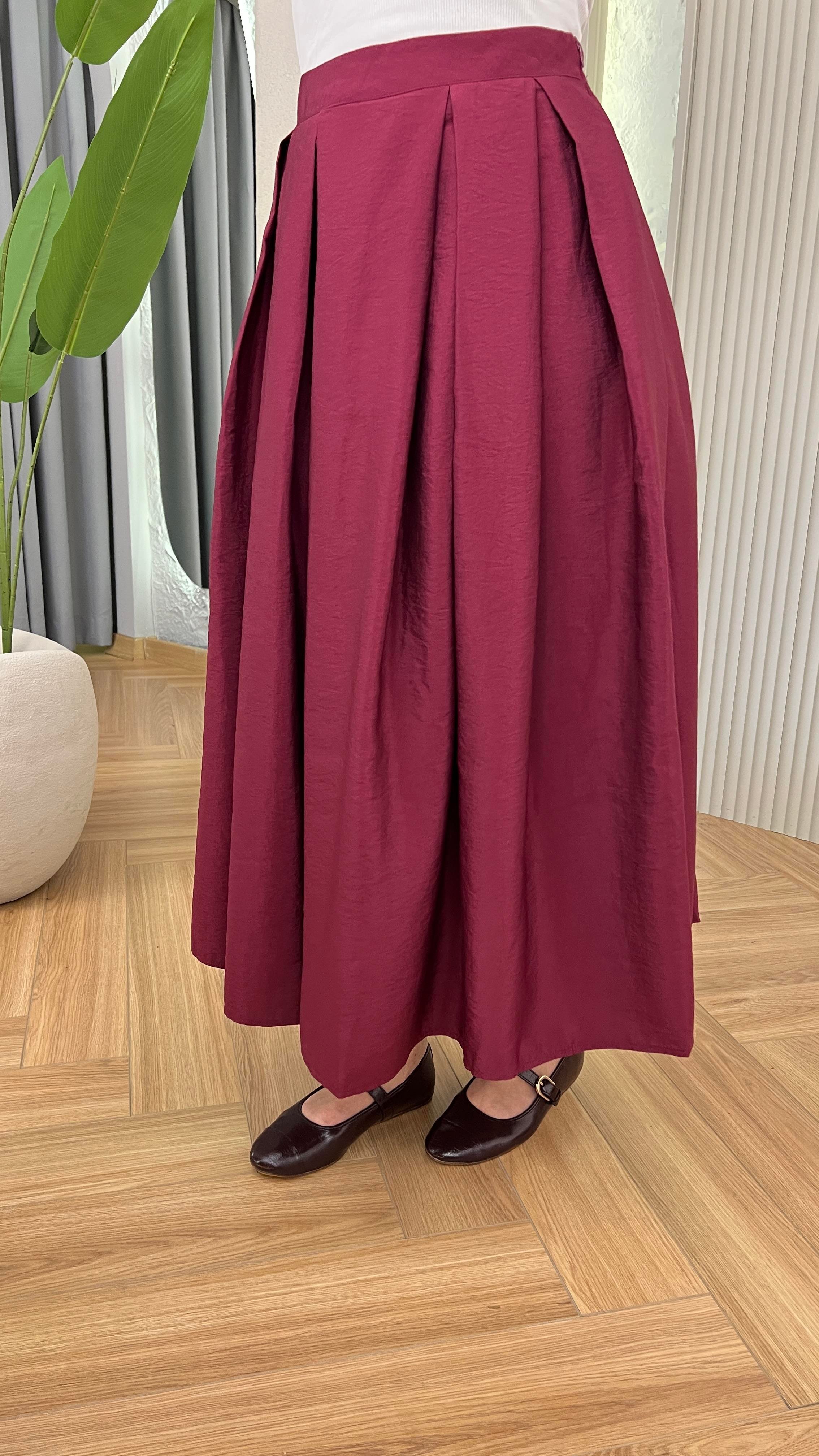 Bordo Yulia Pile Detaylı Etek