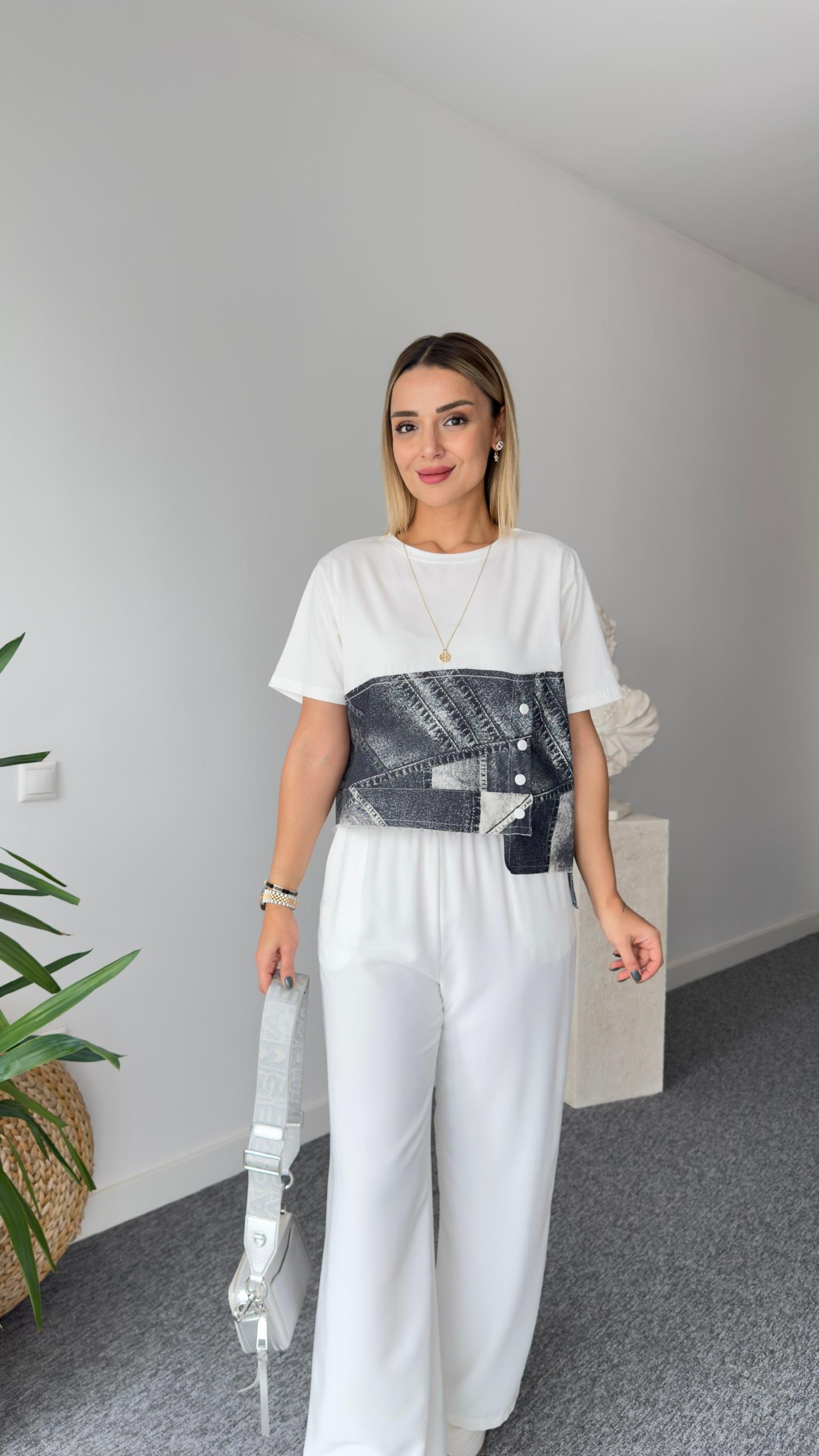 Kot Görünümlü Asimetrik Beyaz Tshirt