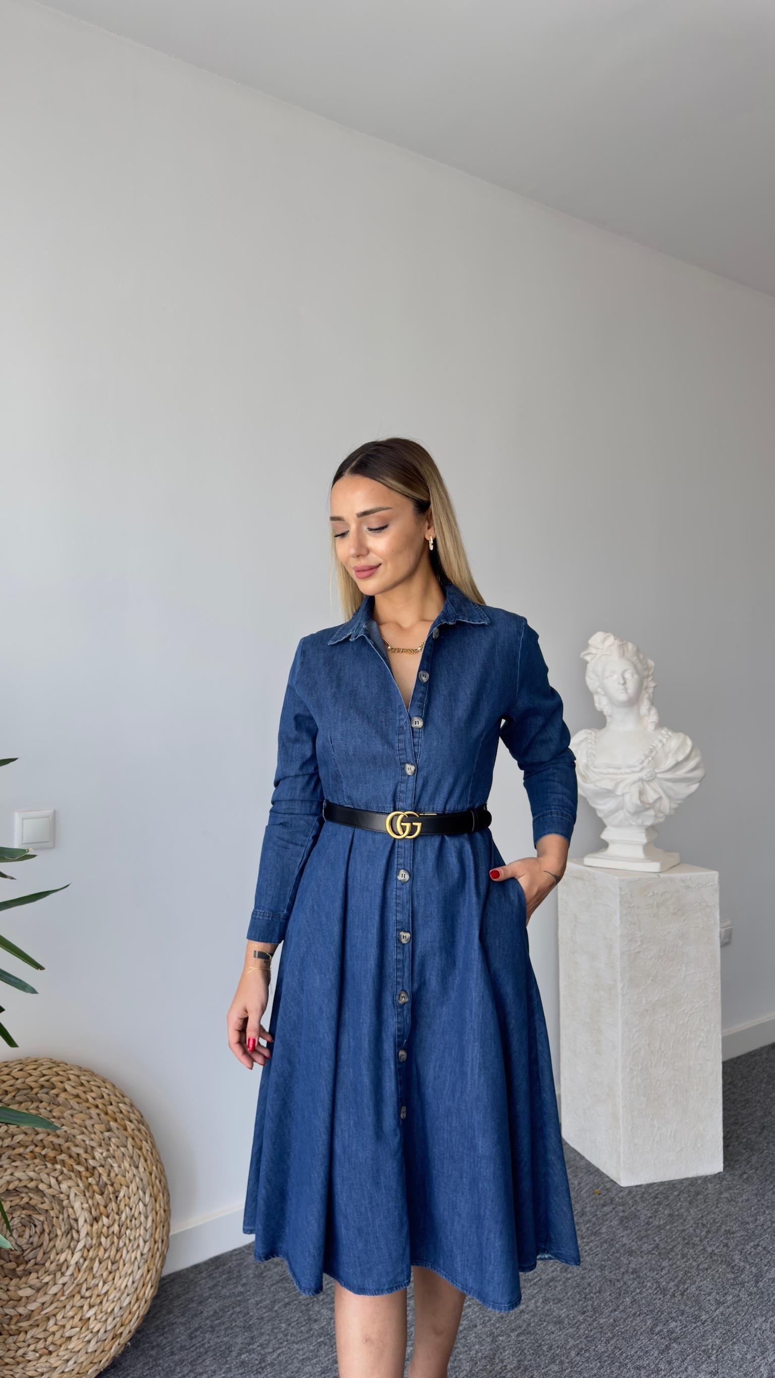 Rife Gömlek Yaka Kot Elbise 