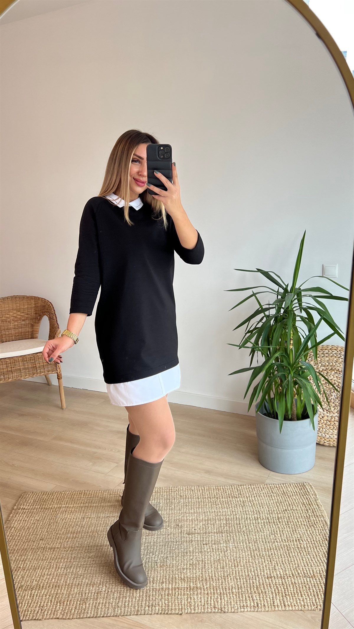 Yakası Yazılı Gömlek Detaylı Elbise 