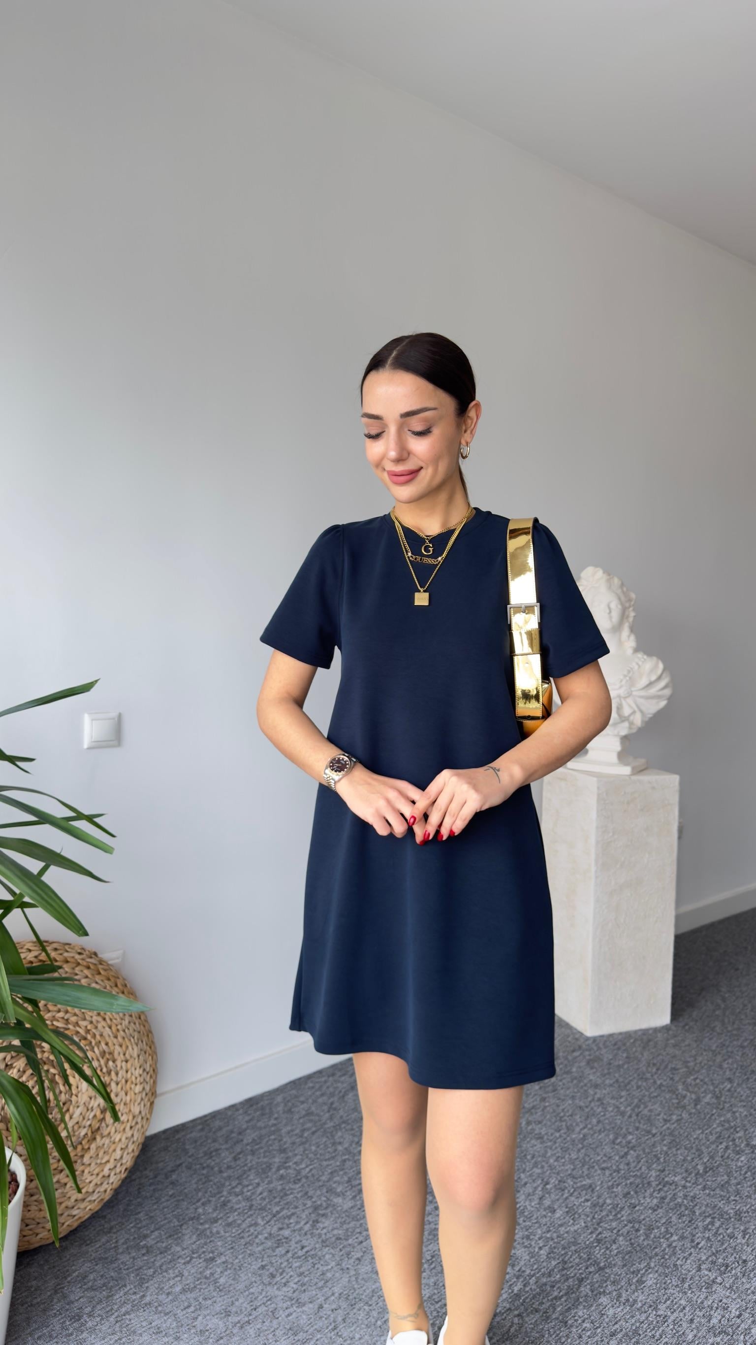 Kollar Volanlı Lacivert Modal Elbise 