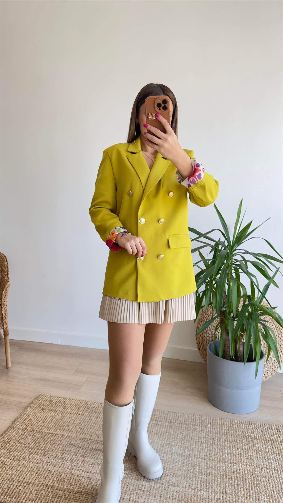 Renkli Astarlı Yeşil Blazer Ceket