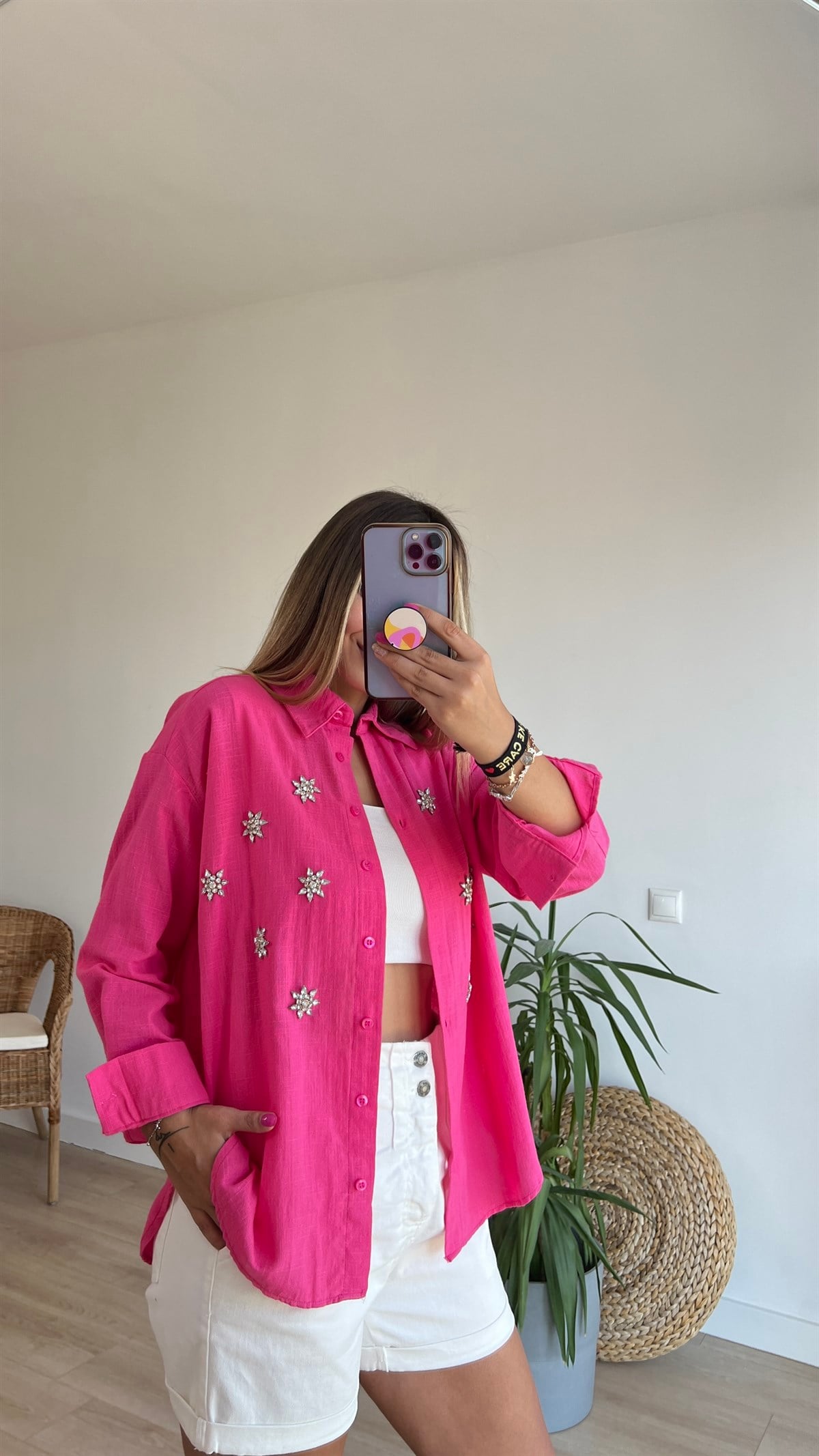 Taş İşleme Detaylı Pembe Keten Gömlek
