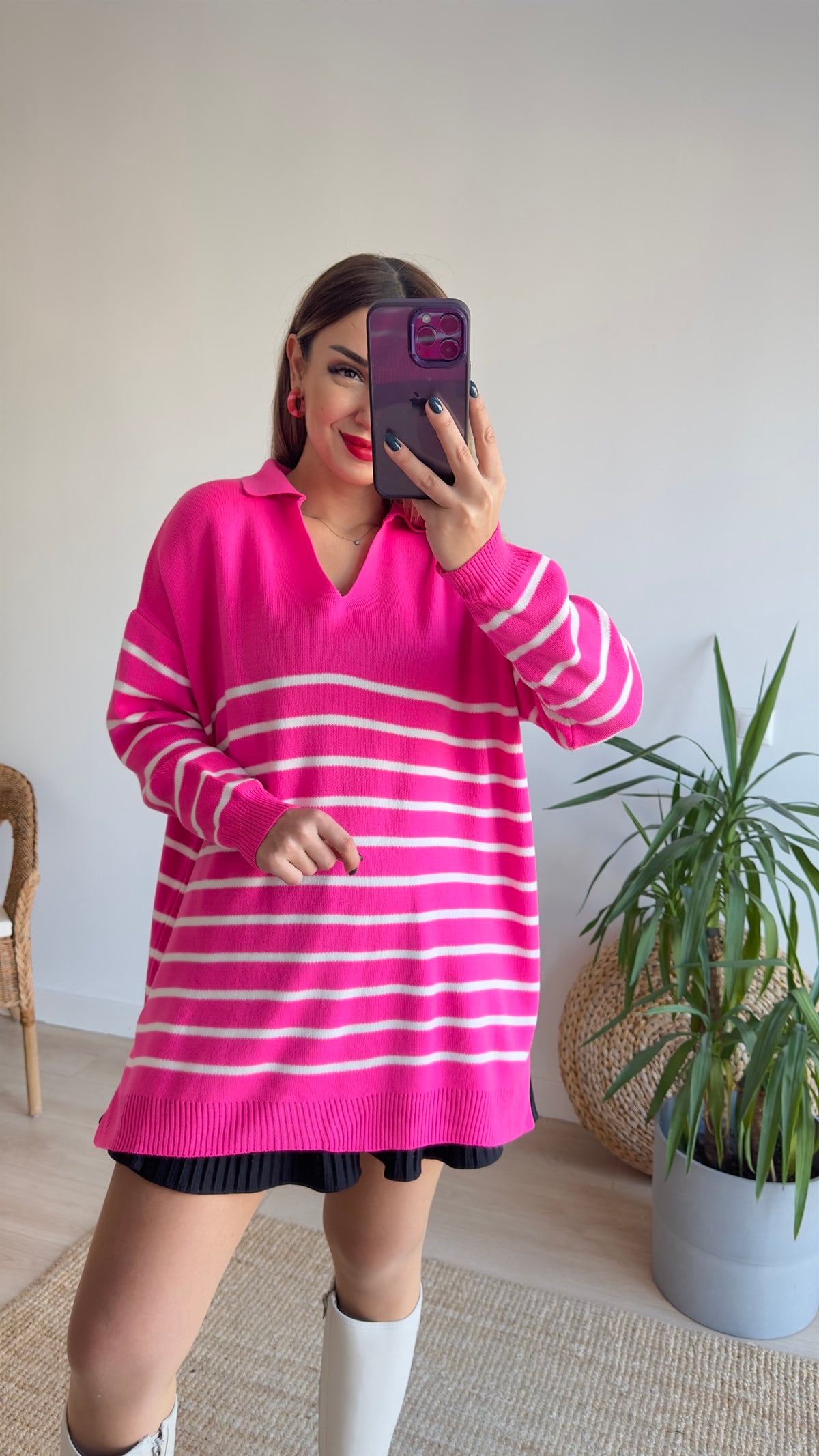 Polo Yaka İnce Çizgili Pembe Triko