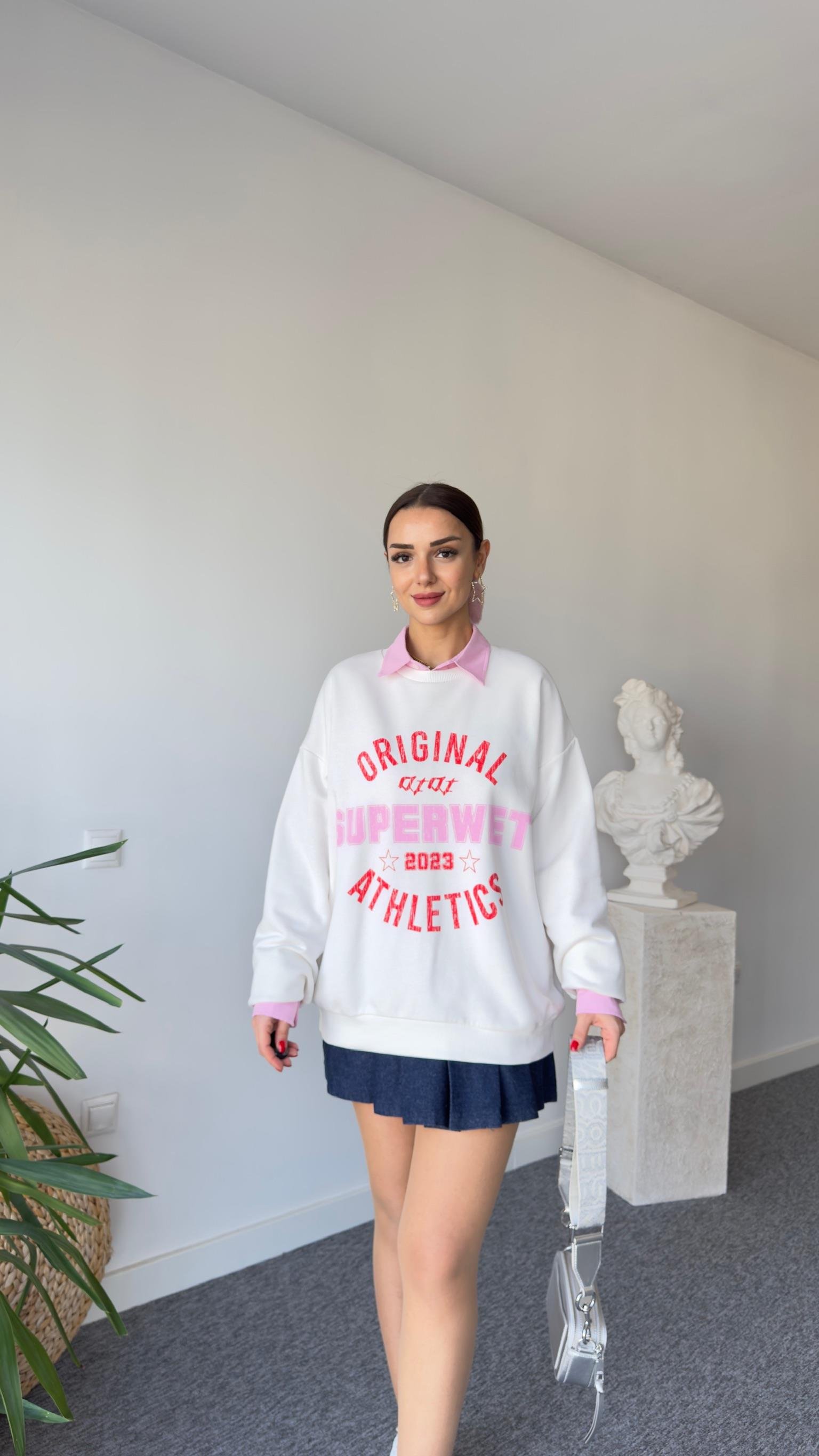 Pembe Superwet Baskı Sweatshirt