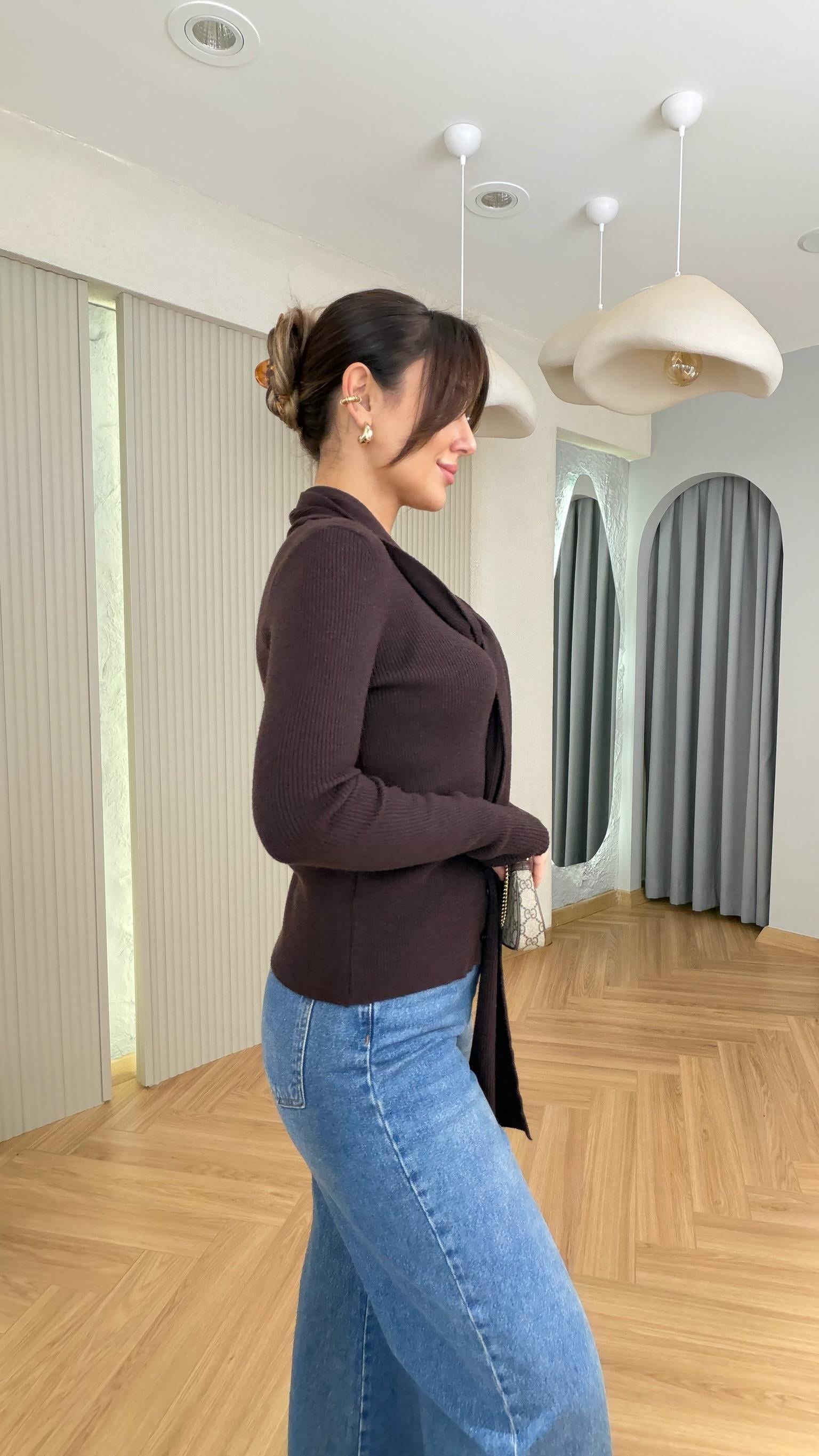Kahve Palma Zra Model Atkılı Triko Hırka