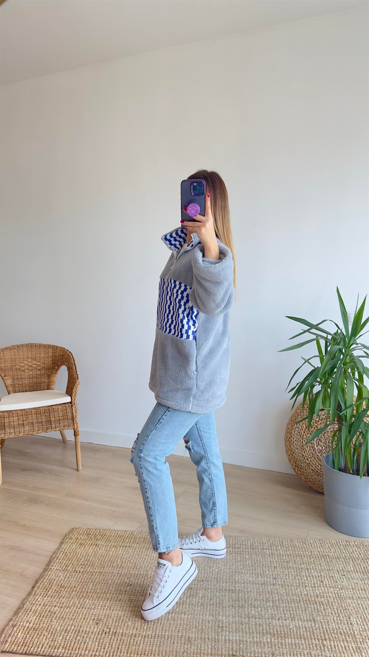 Mavi Desenli Peluş Sweat