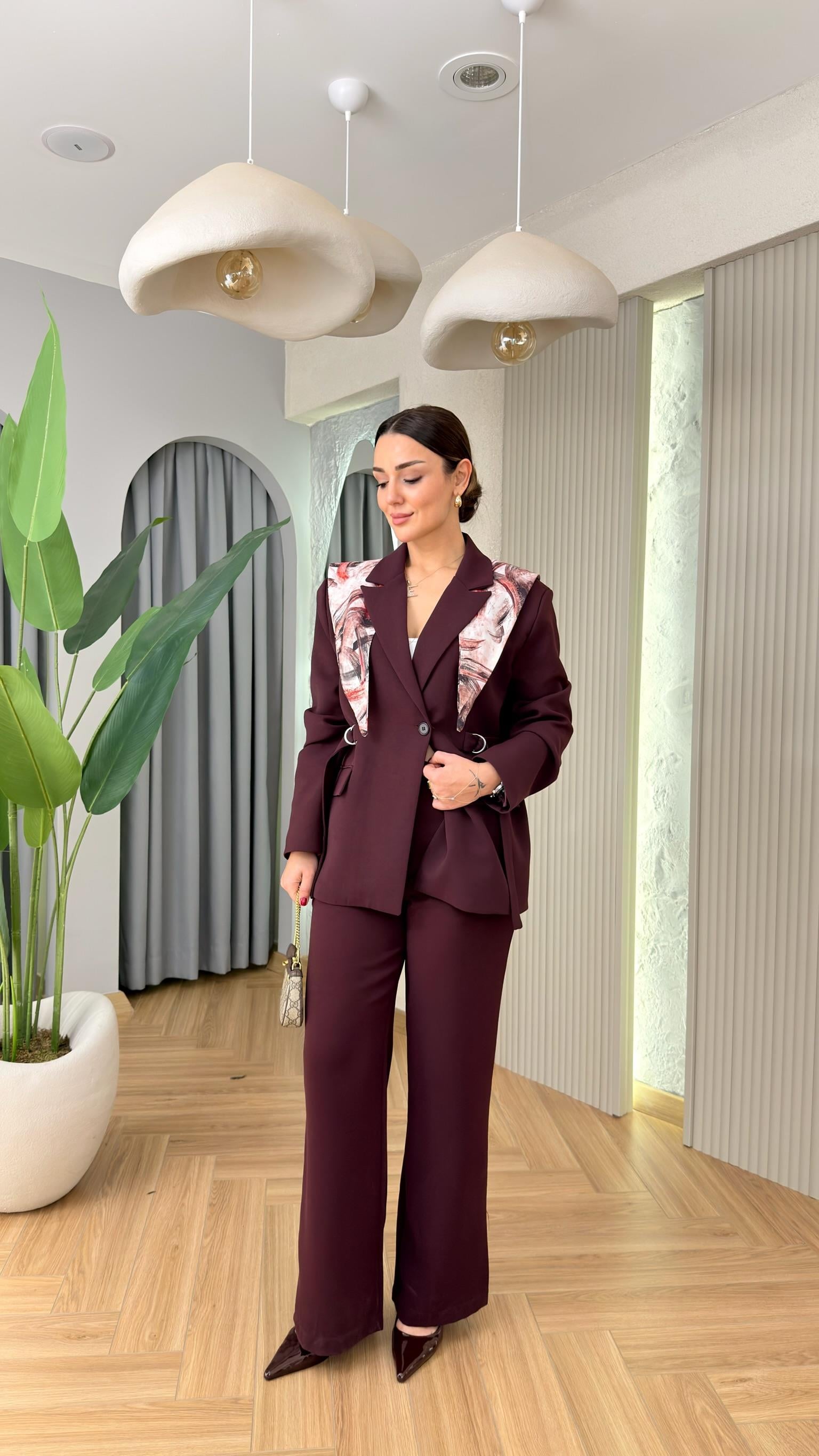 Bordo Şal Detaylı Tasarım Blazer Takım