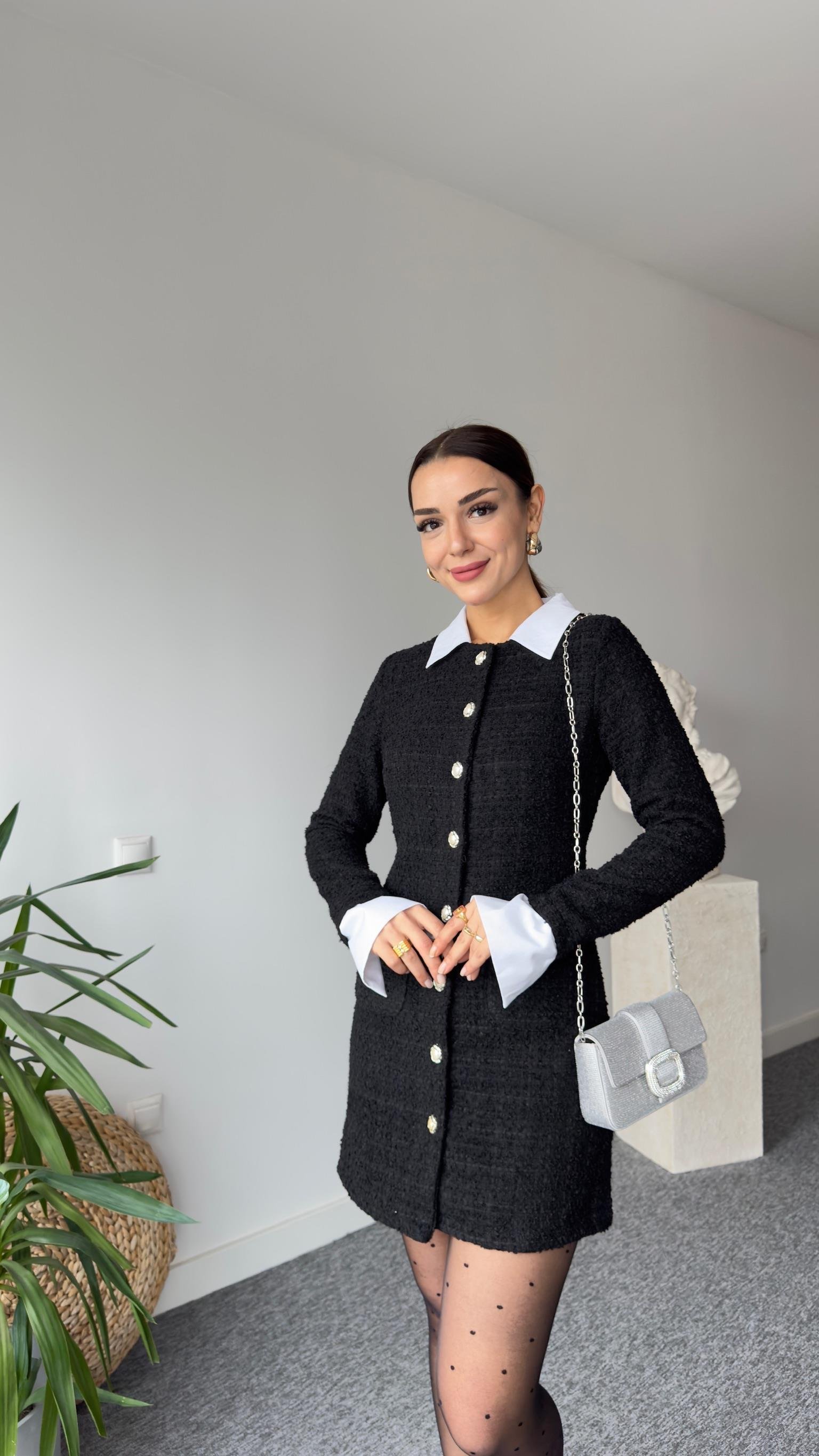 Helena Gömlek Yaka Siyah Tüvit Elbise