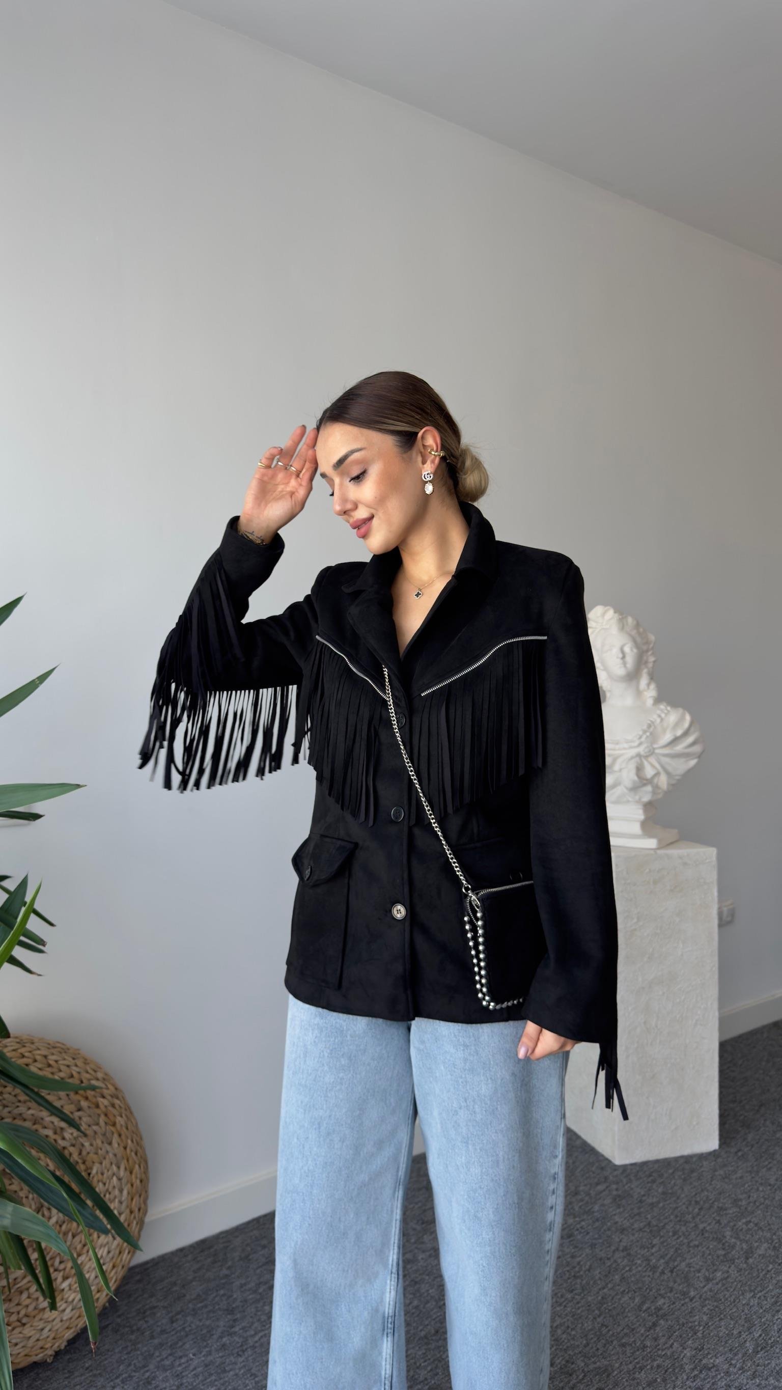 Henko Püsküllü Siyah Süet Ceket