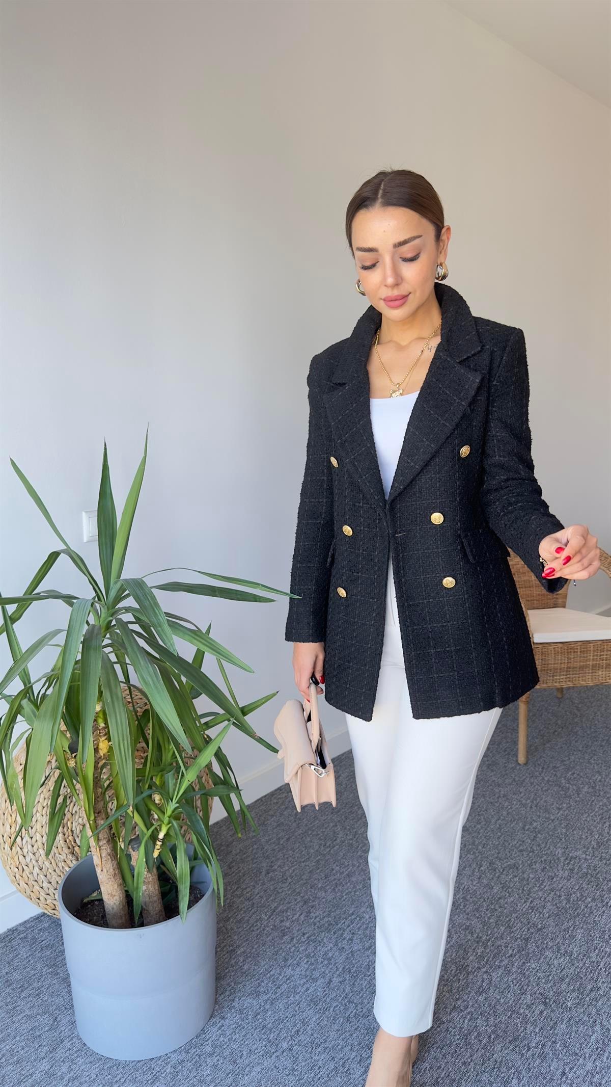 Gold Düğme Siyah Tüvit Blazer Ceket