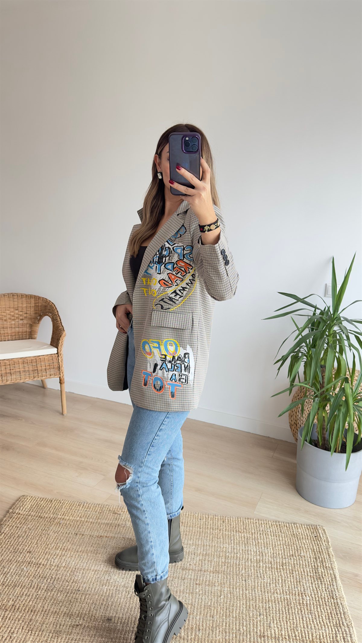 Tasarım Yazı Detaylı Blazer Ceket