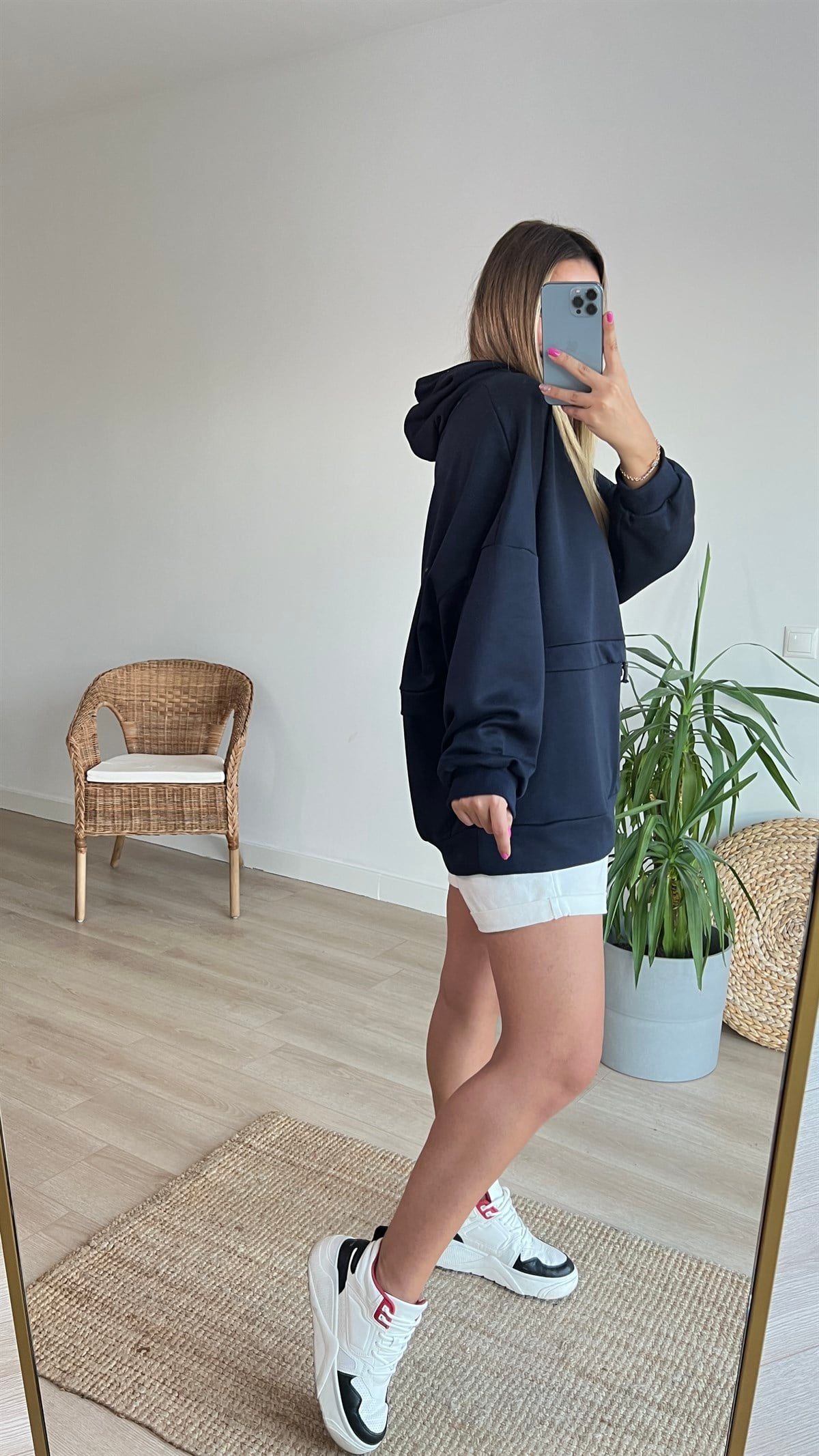Lacivert Oversize Kapüşonlu Sweat