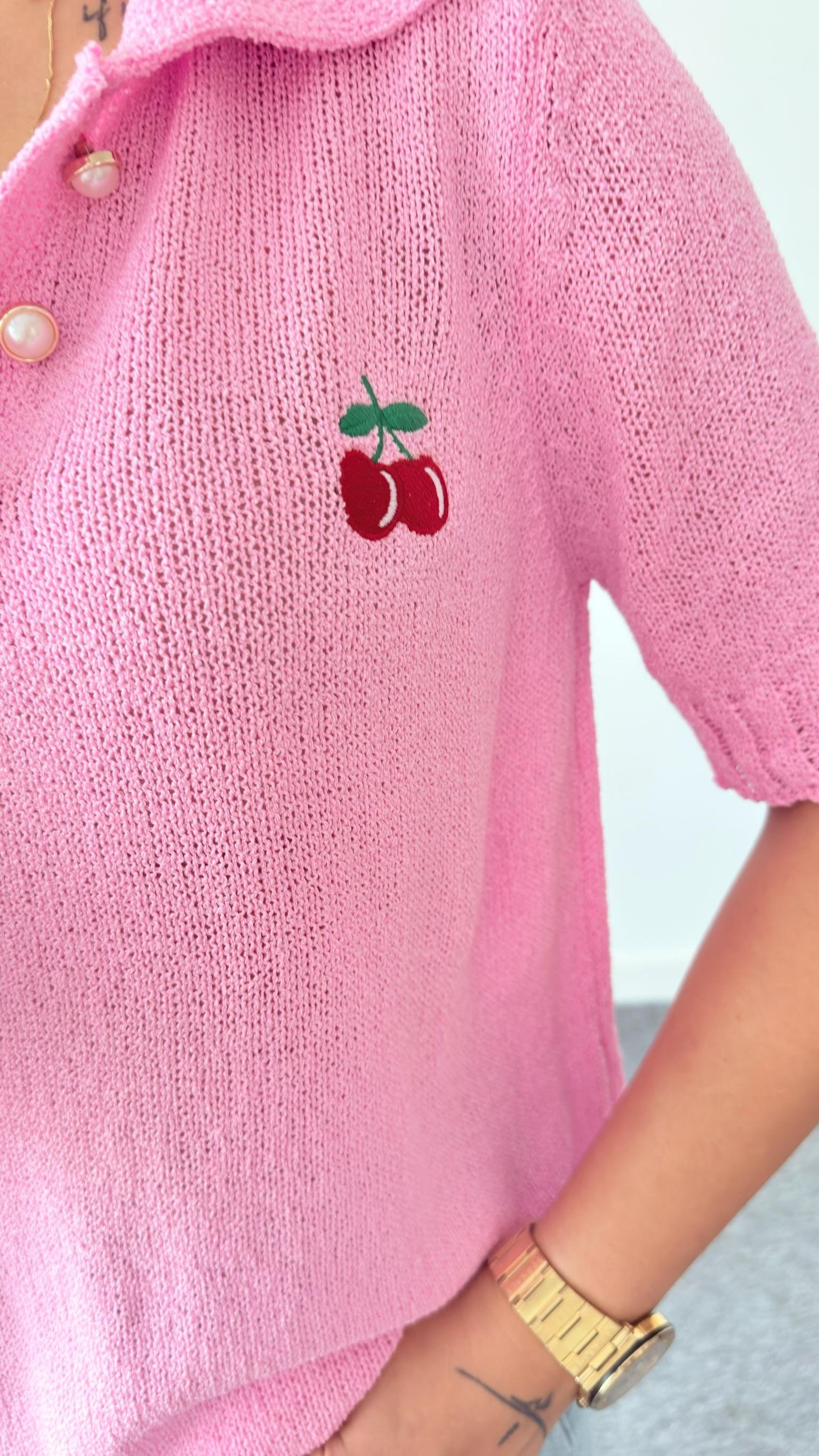 Pembe Kiraz Detaylı Triko Bluz