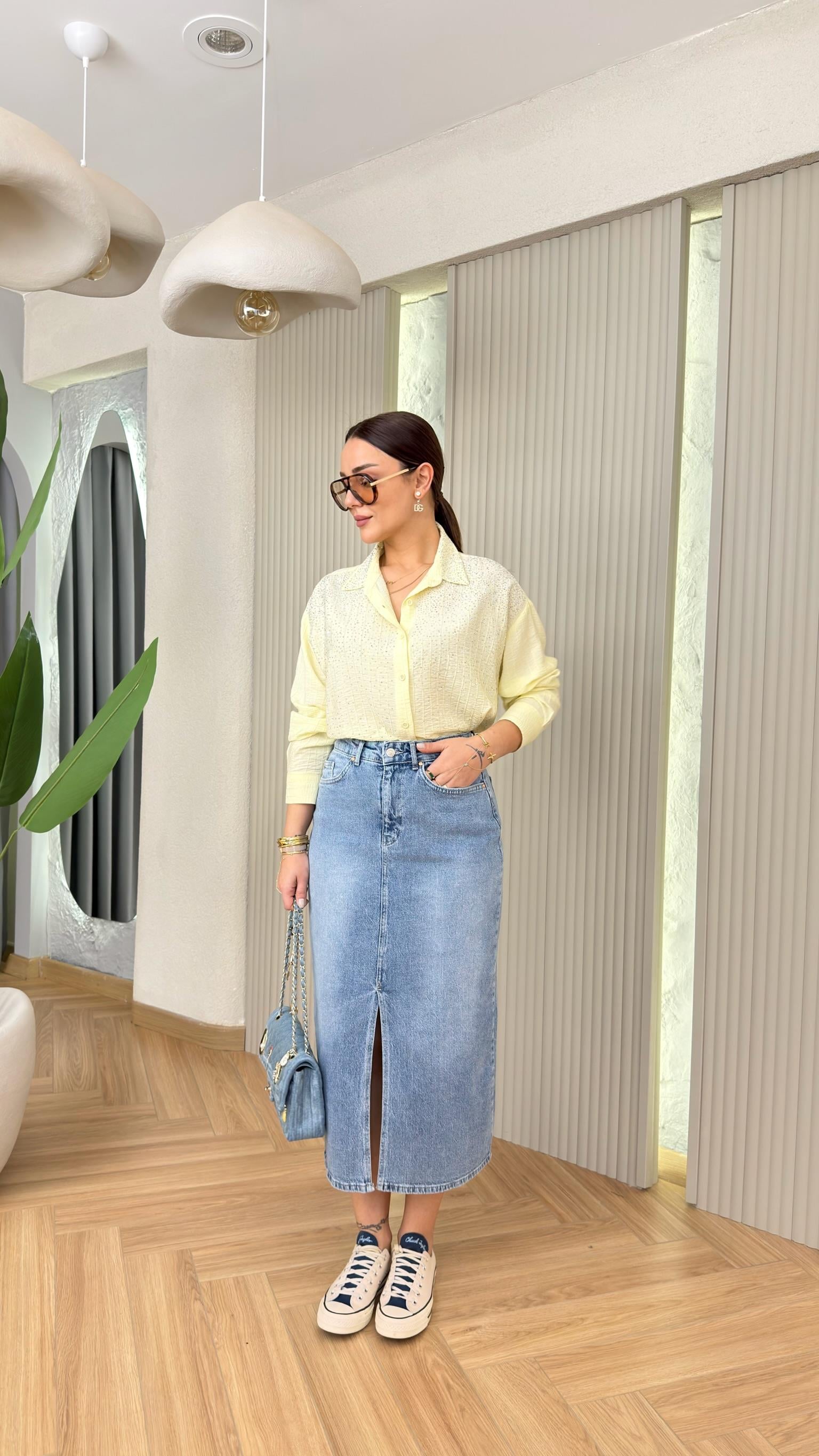 Mavi Quince Önden Yırtmaçlı Kot Etek