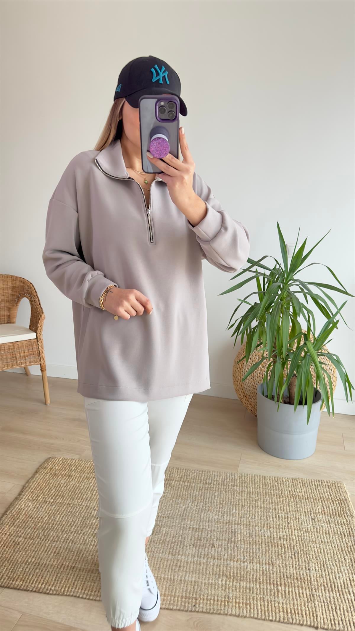 Yarım Fermuar Bej Modal Sweat