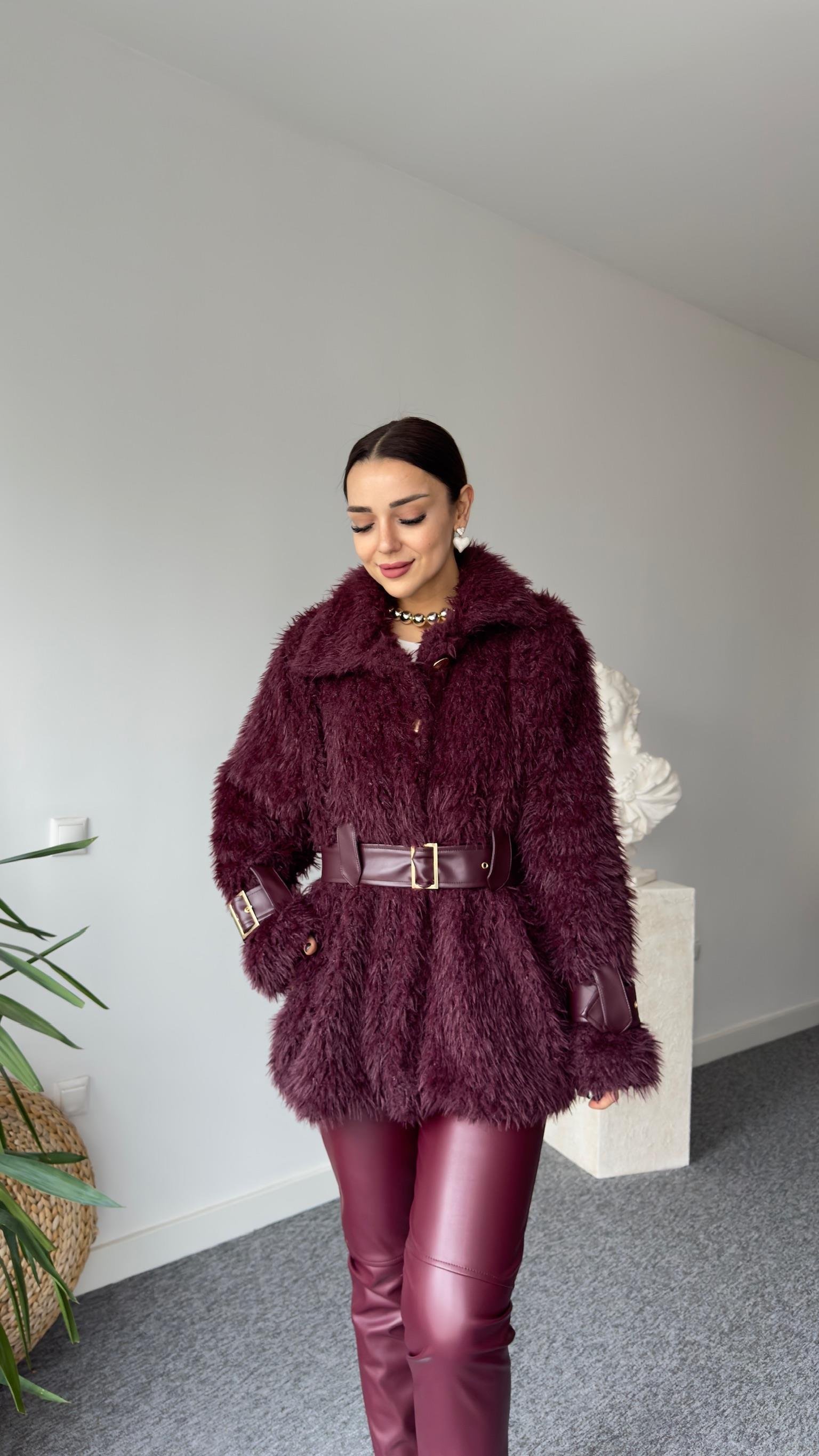 Premıum Deri Detaylı Bordo Peluş Mont (Ön Sipariş Ürünü)