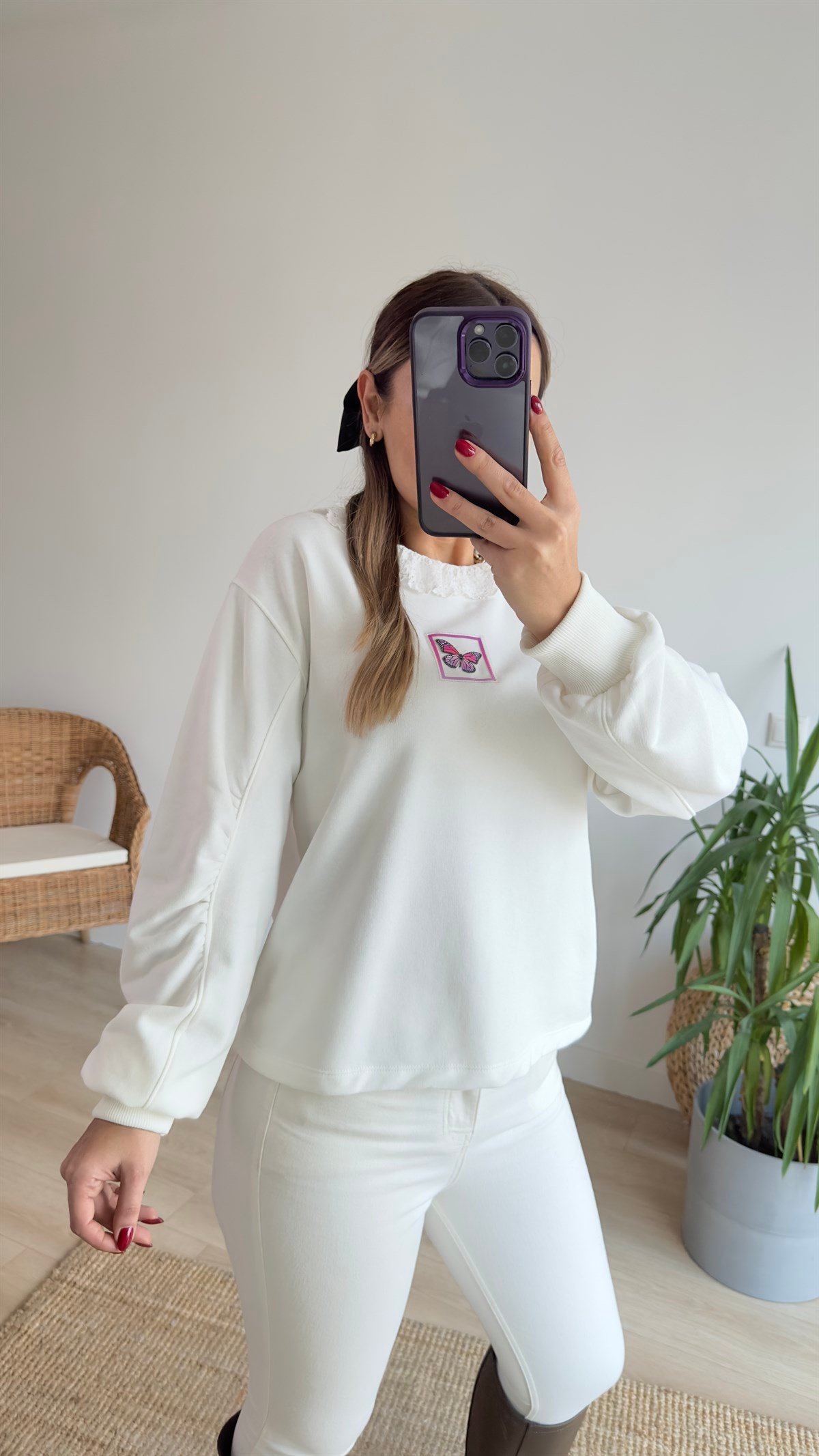 Kolu Büzgülü Kelebek Baskı Sweat