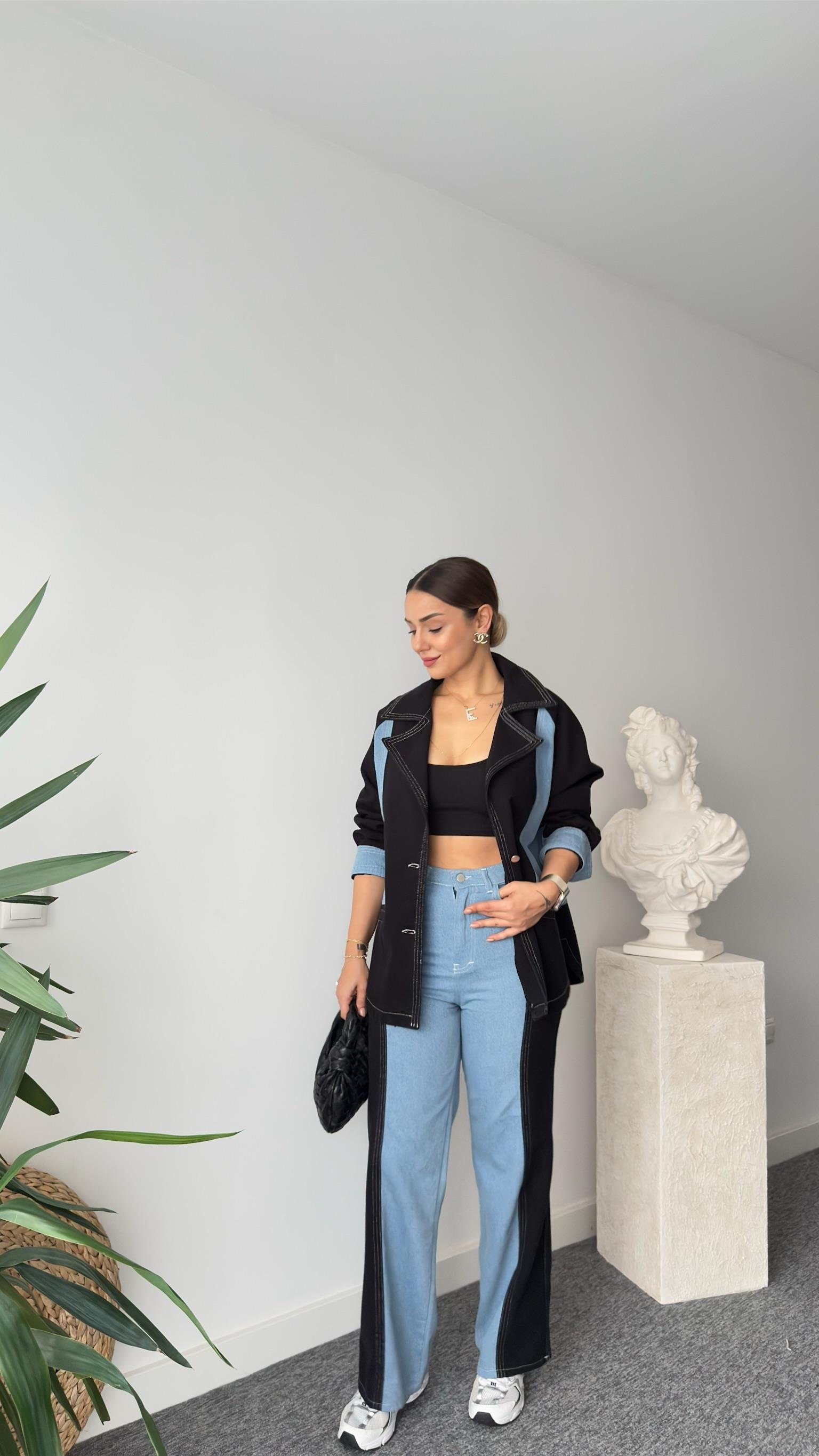 Denim Gabardin Garnili Ceket Pantolon Takım