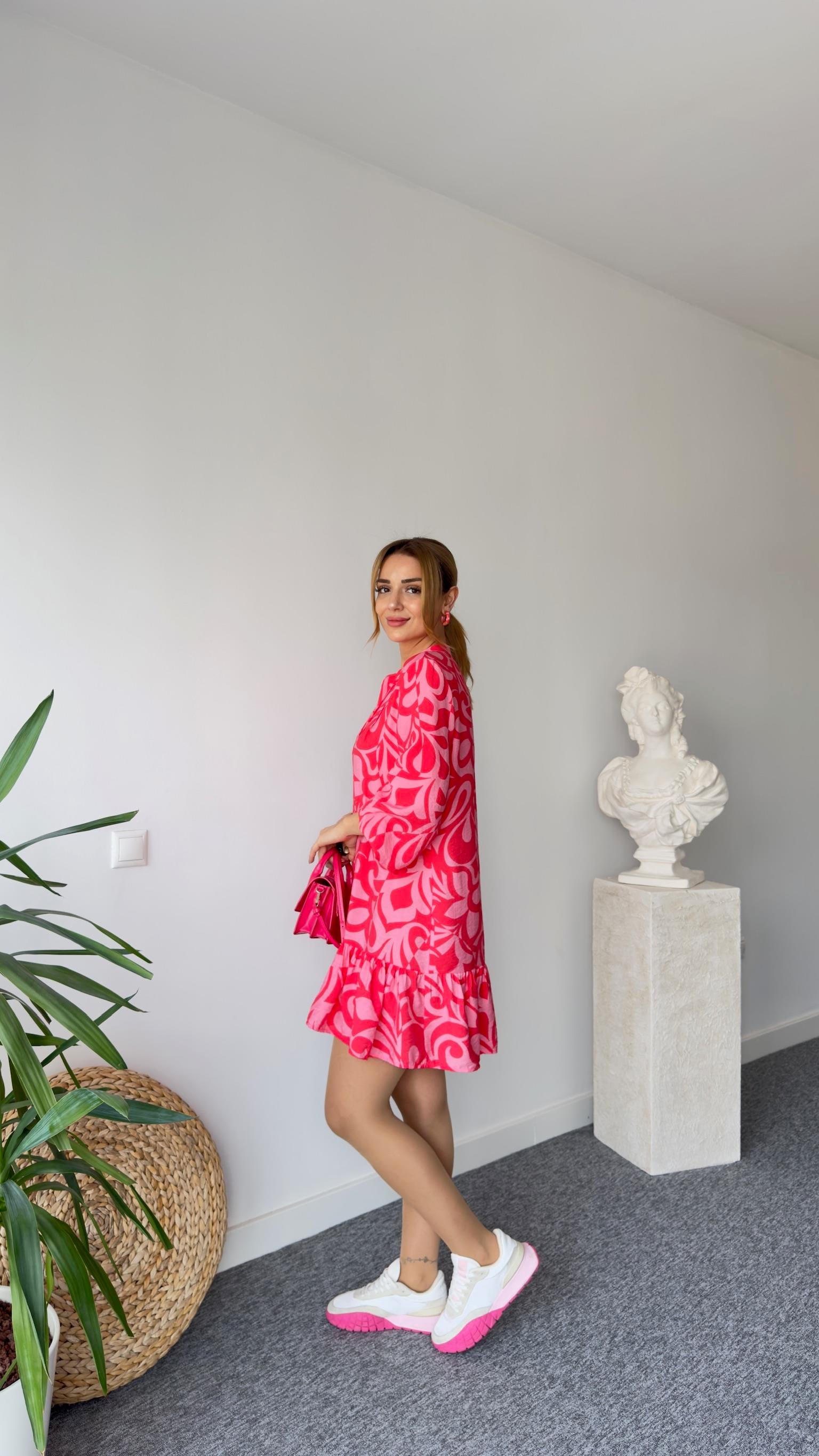Ayyu Orj Marka Pembe Desenli Elbise 