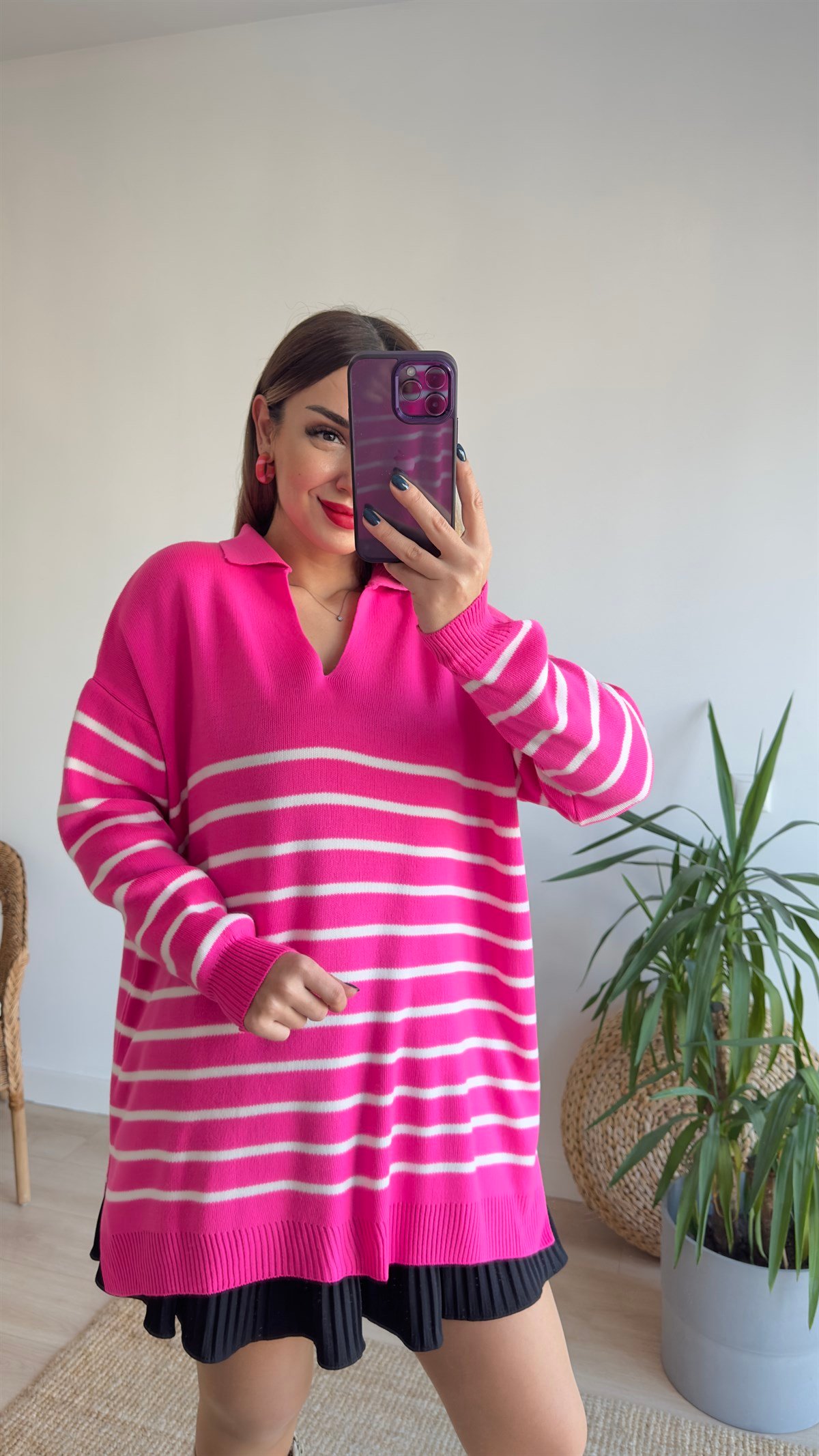 Polo Yaka İnce Çizgili Pembe Triko