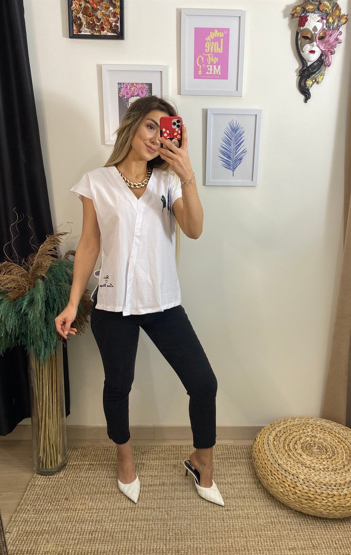 Yaprak Desen Yırtmaçlı Tshirt