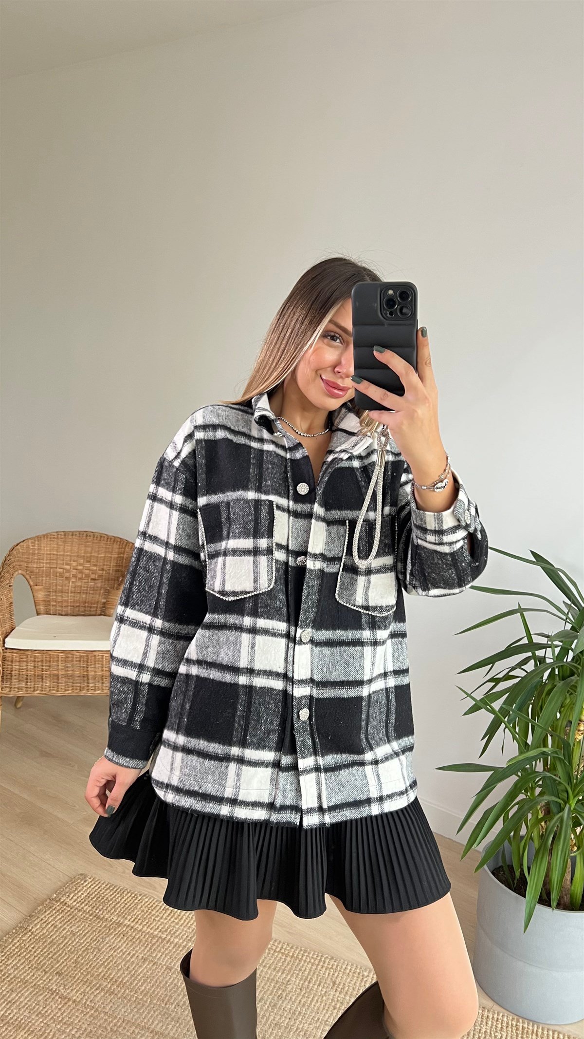Zara Model Taş Detaylı Ekose Ceket