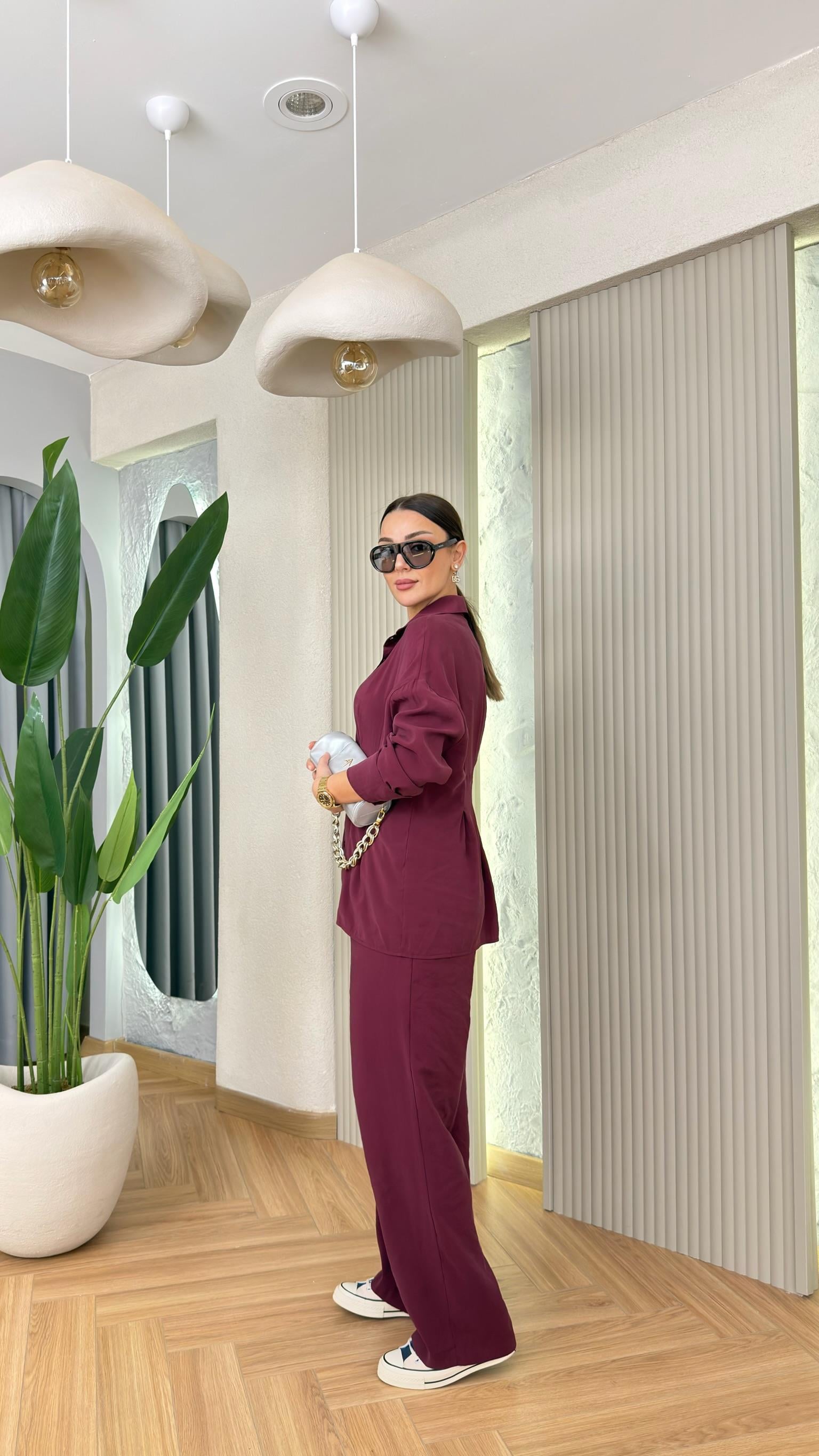 Bordo Awali Yan Kemerli Pile Detay Tensel Takım