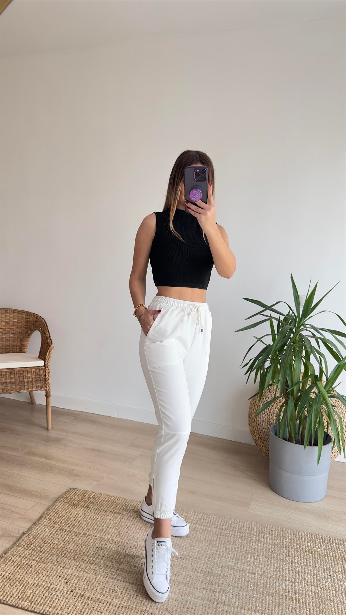 Paça Fermuarlı Beyaz Pantolon