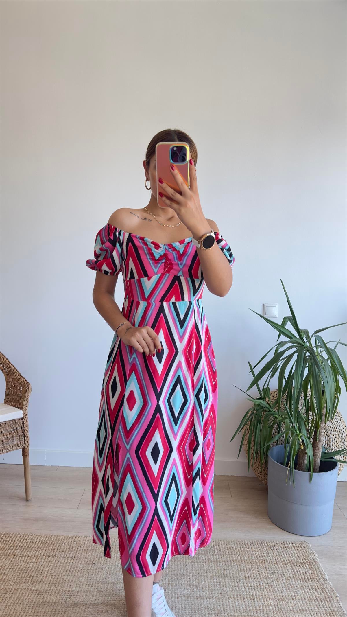 Karpuz Kol Pembe Renkli Elbise 