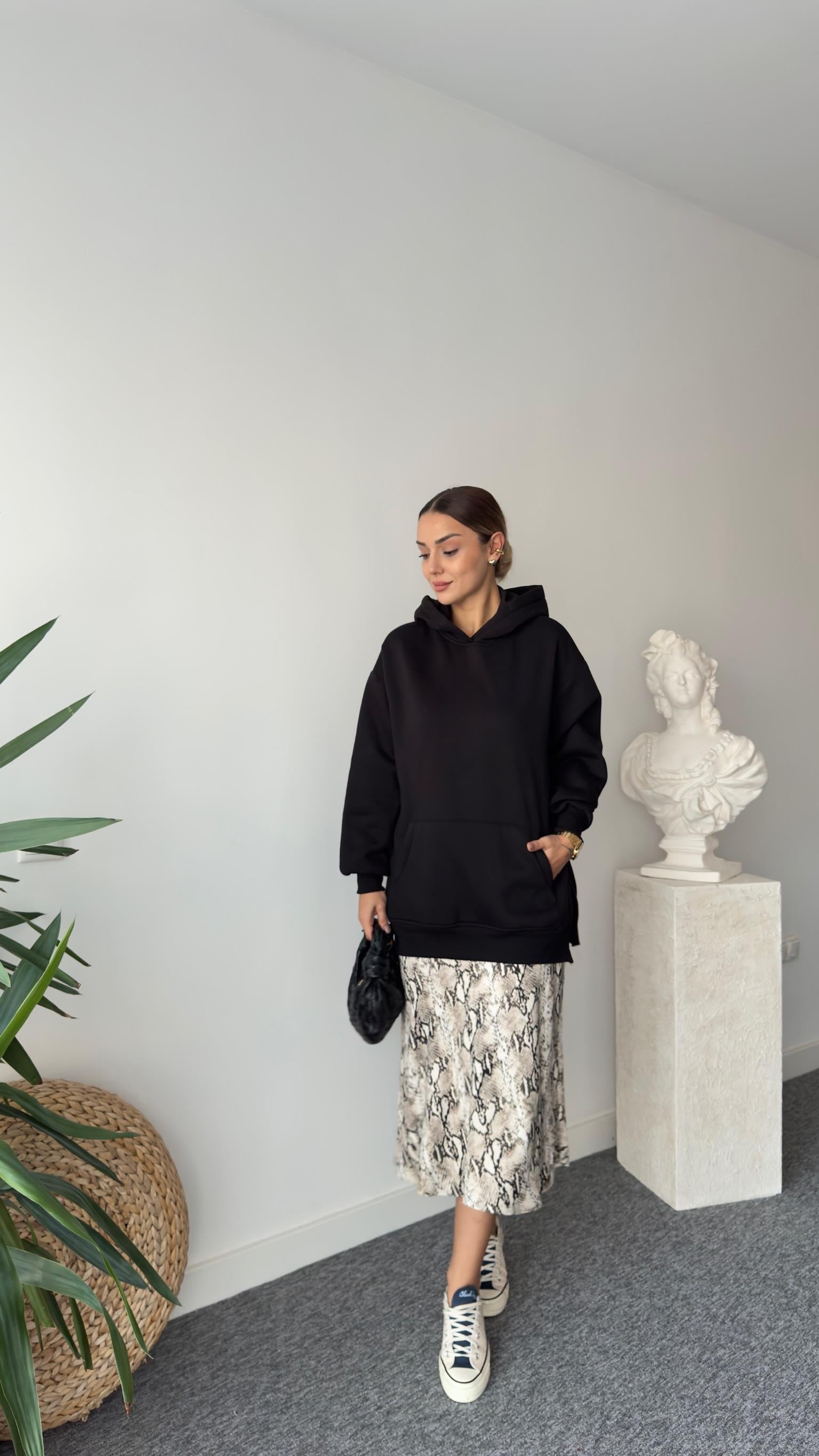 Fendy Yanlar Fermuarlı Salaş Siyah Sweatshirt