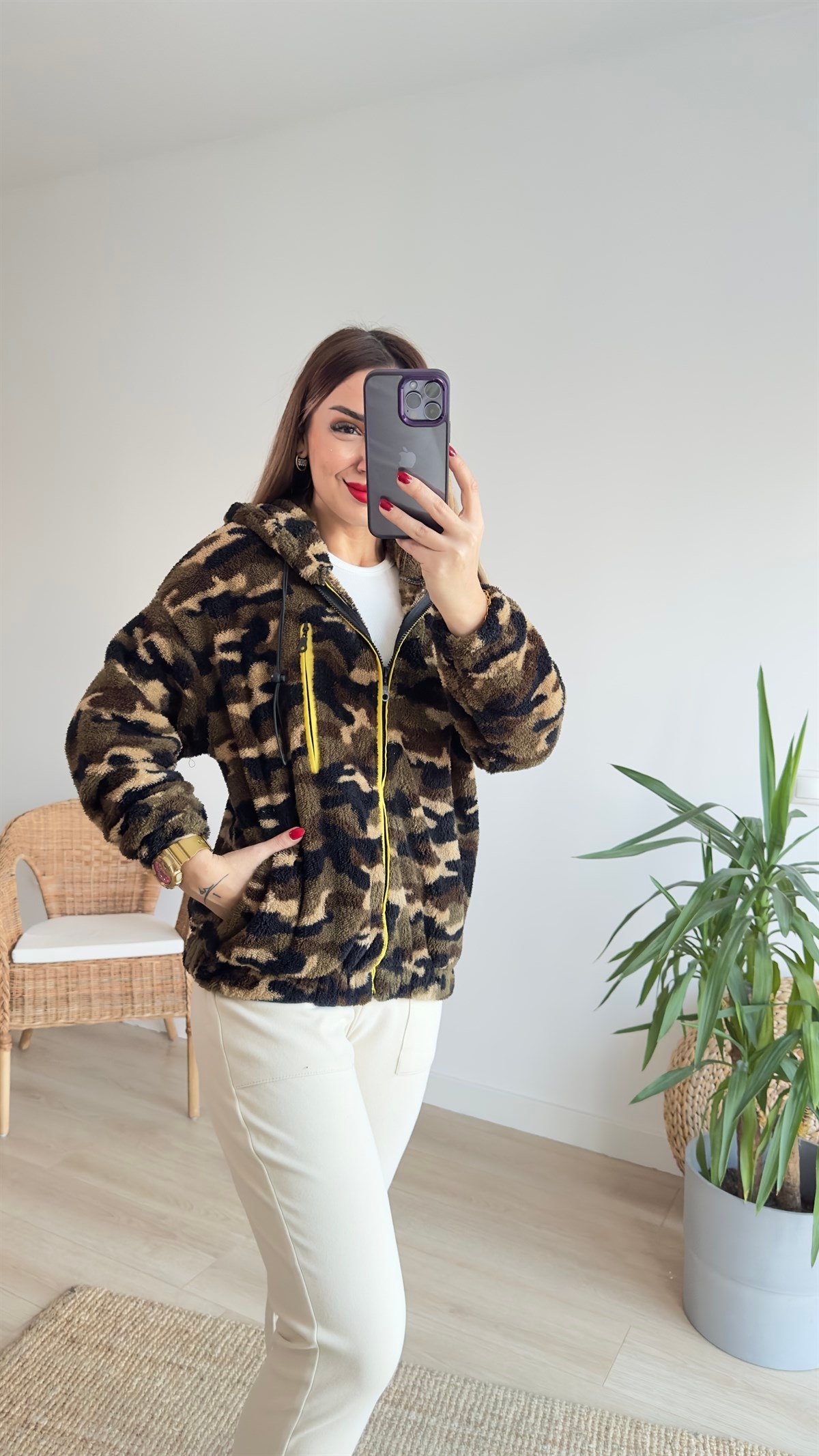 Kamuflaj Desen Peluş Mont 