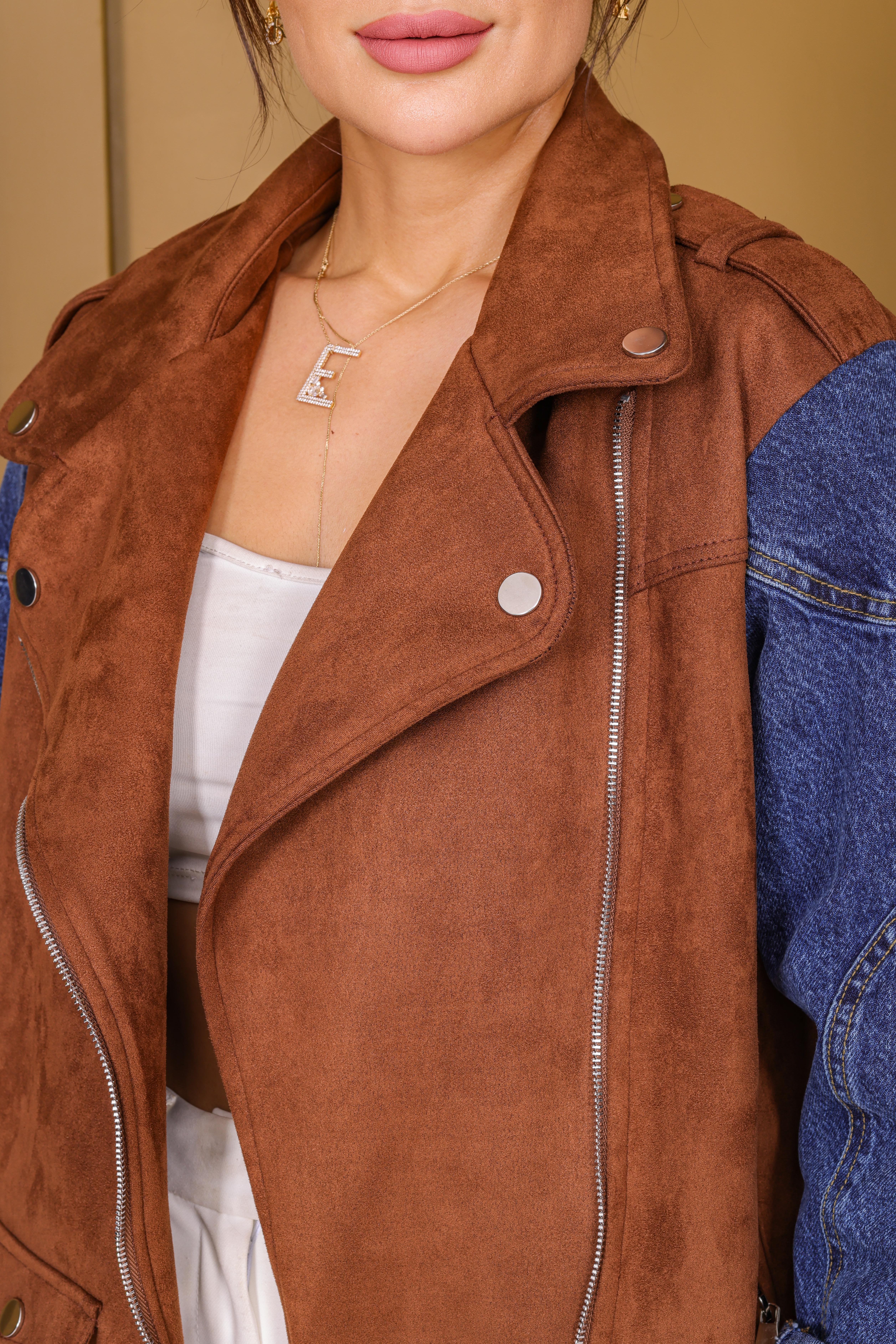 Denim Kol Detaylı Premium Süet Ceket