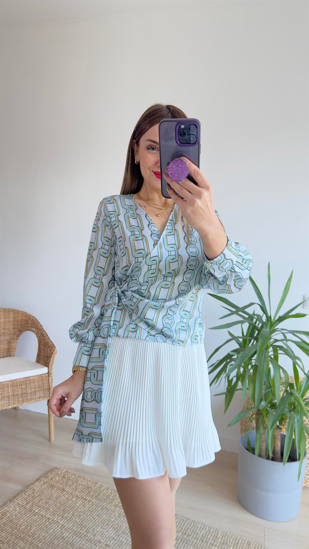 Zincir Baskı Kruvaze Saten Bluz